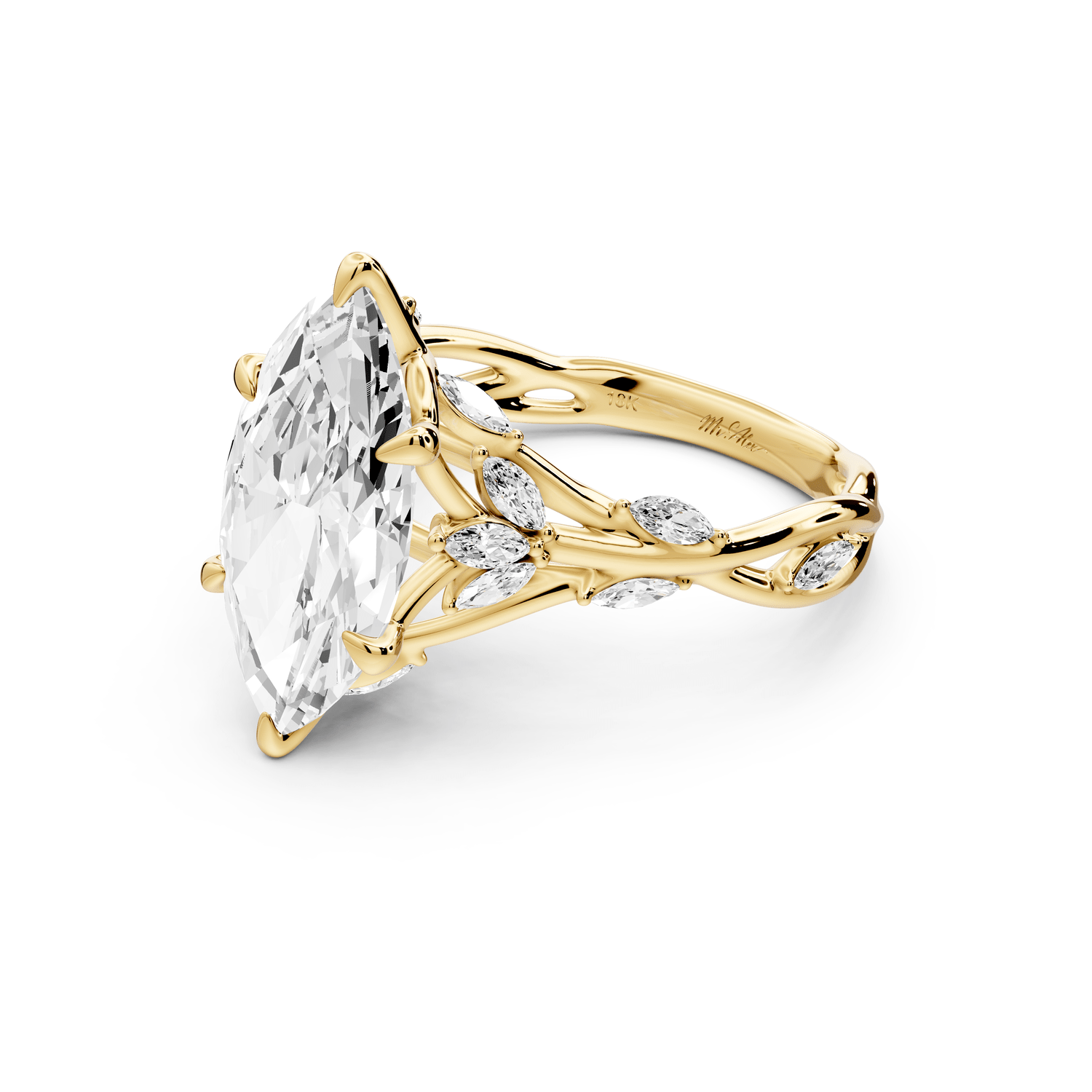 Sarah - 3ct 18k yellow gold Marquise Nature-Inspired Engagement Ring with Sculpted Vine and Leaf Side Stones - Mr. Alex Jewelry