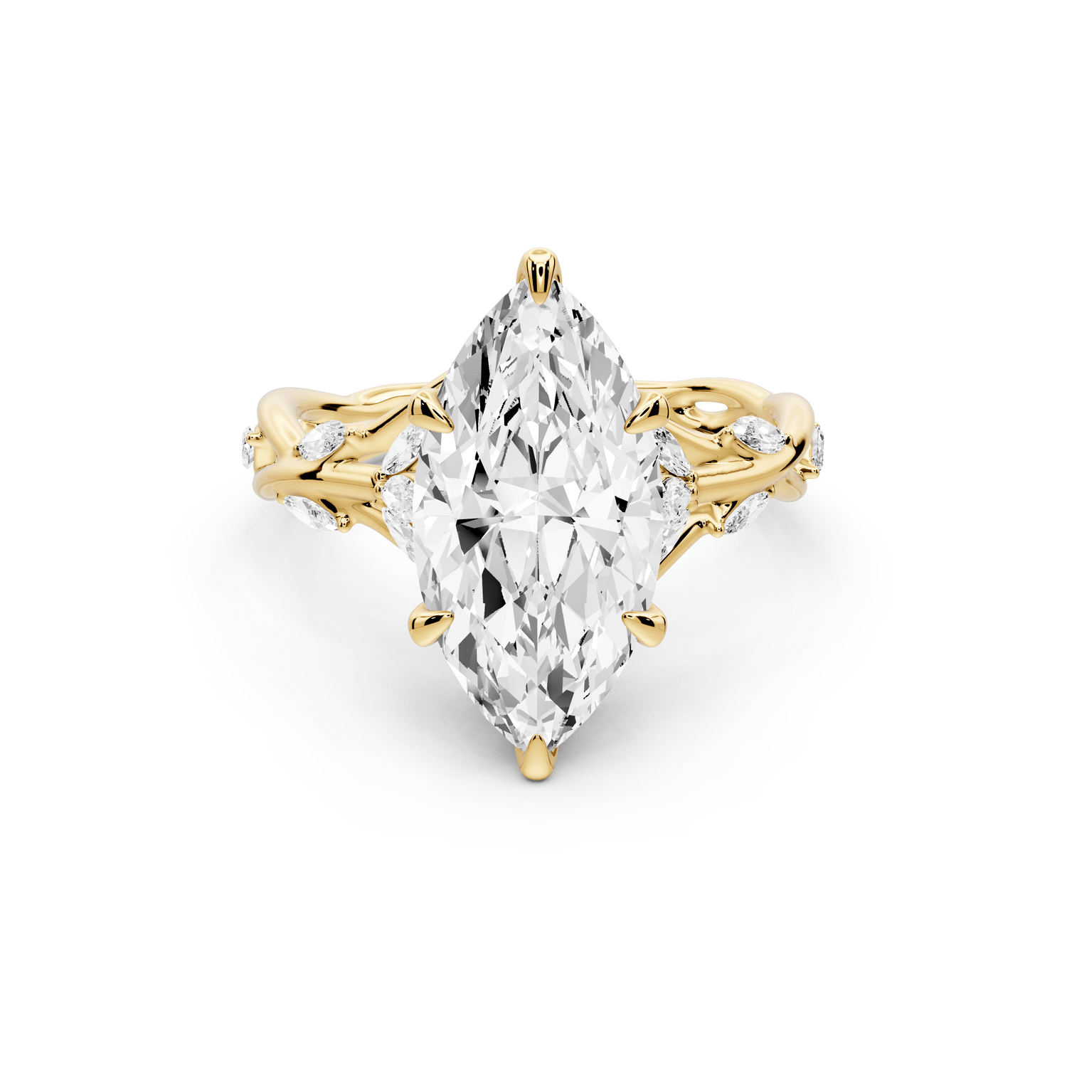 Sarah - 3ct 18k yellow gold Marquise Nature-Inspired Engagement Ring with Sculpted Vine and Leaf Side Stones - Mr. Alex Jewelry