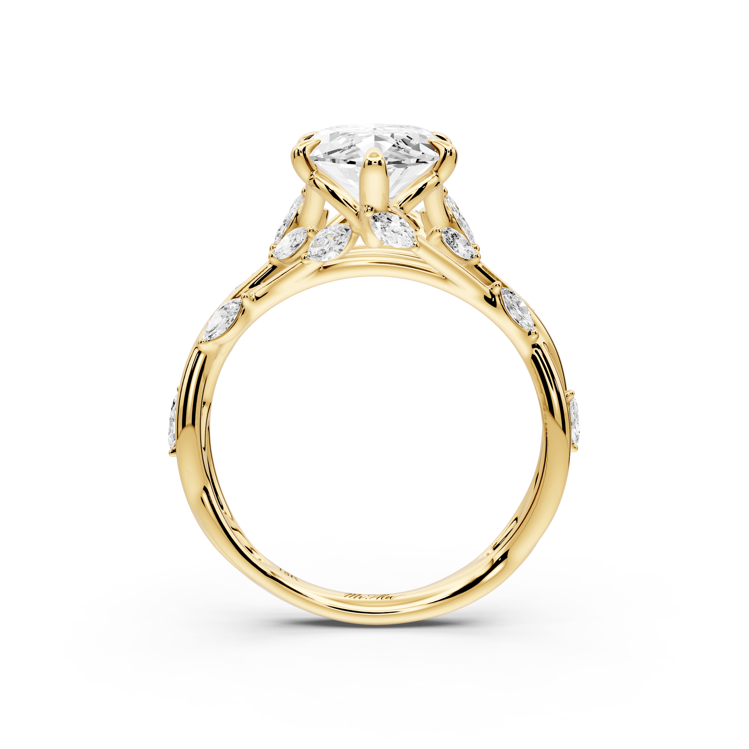 Sarah - 3ct 18k yellow gold Marquise Nature-Inspired Engagement Ring with Sculpted Vine and Leaf Side Stones - Mr. Alex Jewelry
