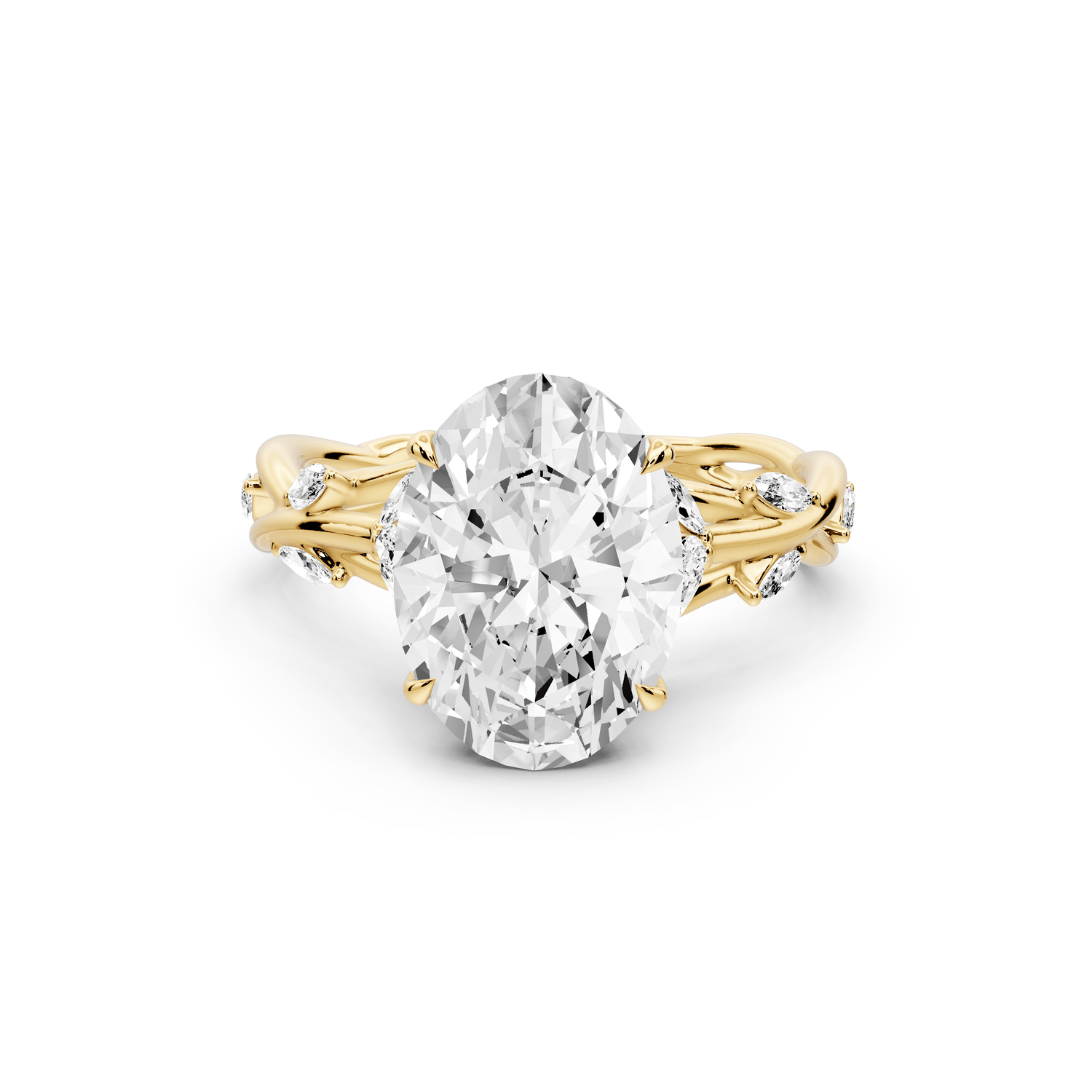 Sarah - 3ct 18k yellow gold Oval Nature-Inspired Engagement Ring with Sculpted Vine and Leaf Side Stones - Mr. Alex Jewelry