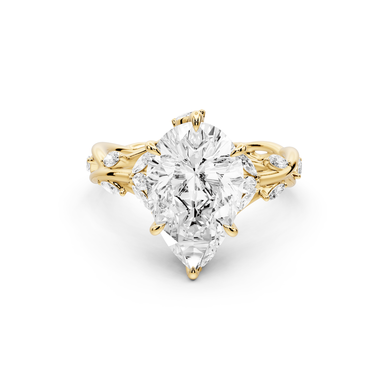 Sarah - 3ct 18k yellow gold Pear Nature-Inspired Engagement Ring with Sculpted Vine and Leaf Side Stones - Mr. Alex Jewelry