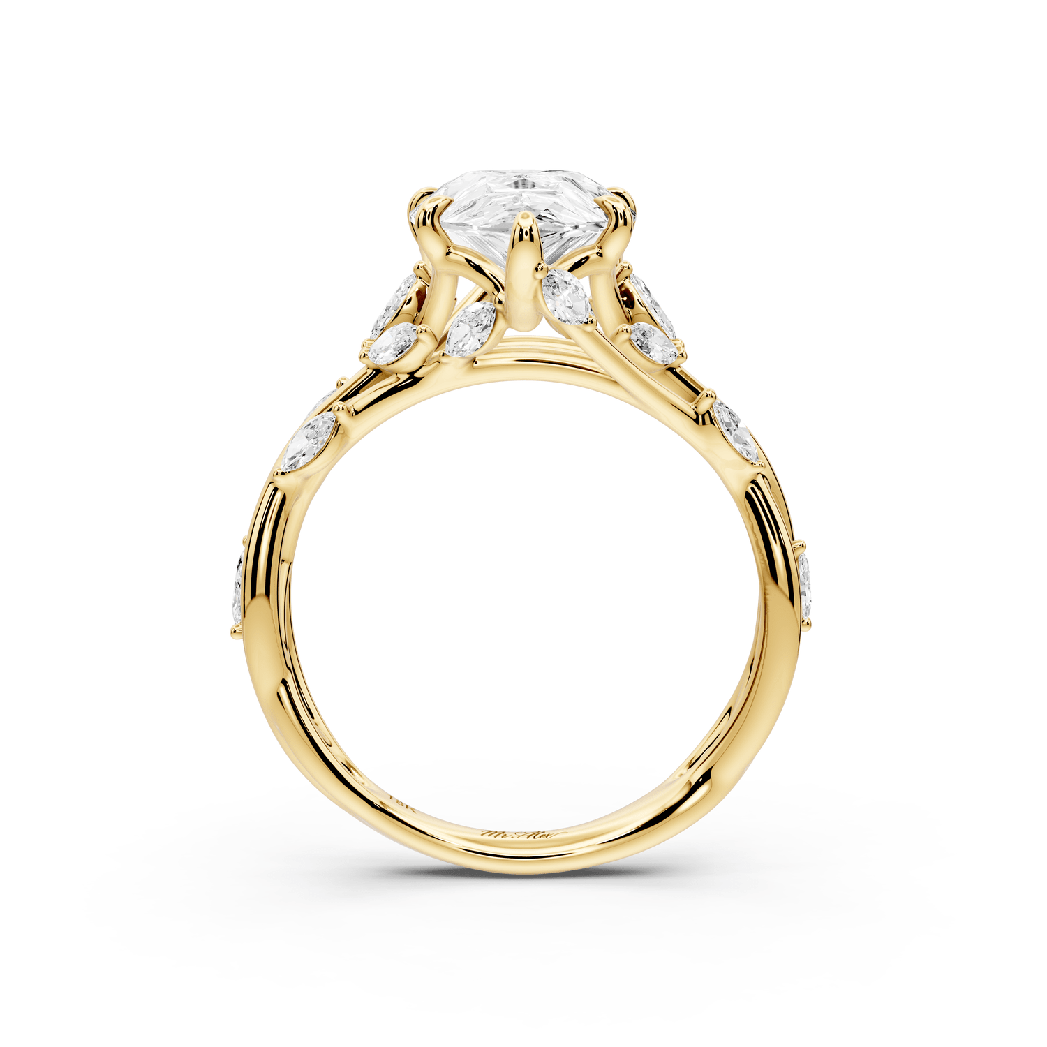 Sarah - 3ct 18k yellow gold Pear Nature-Inspired Engagement Ring with Sculpted Vine and Leaf Side Stones - Mr. Alex Jewelry