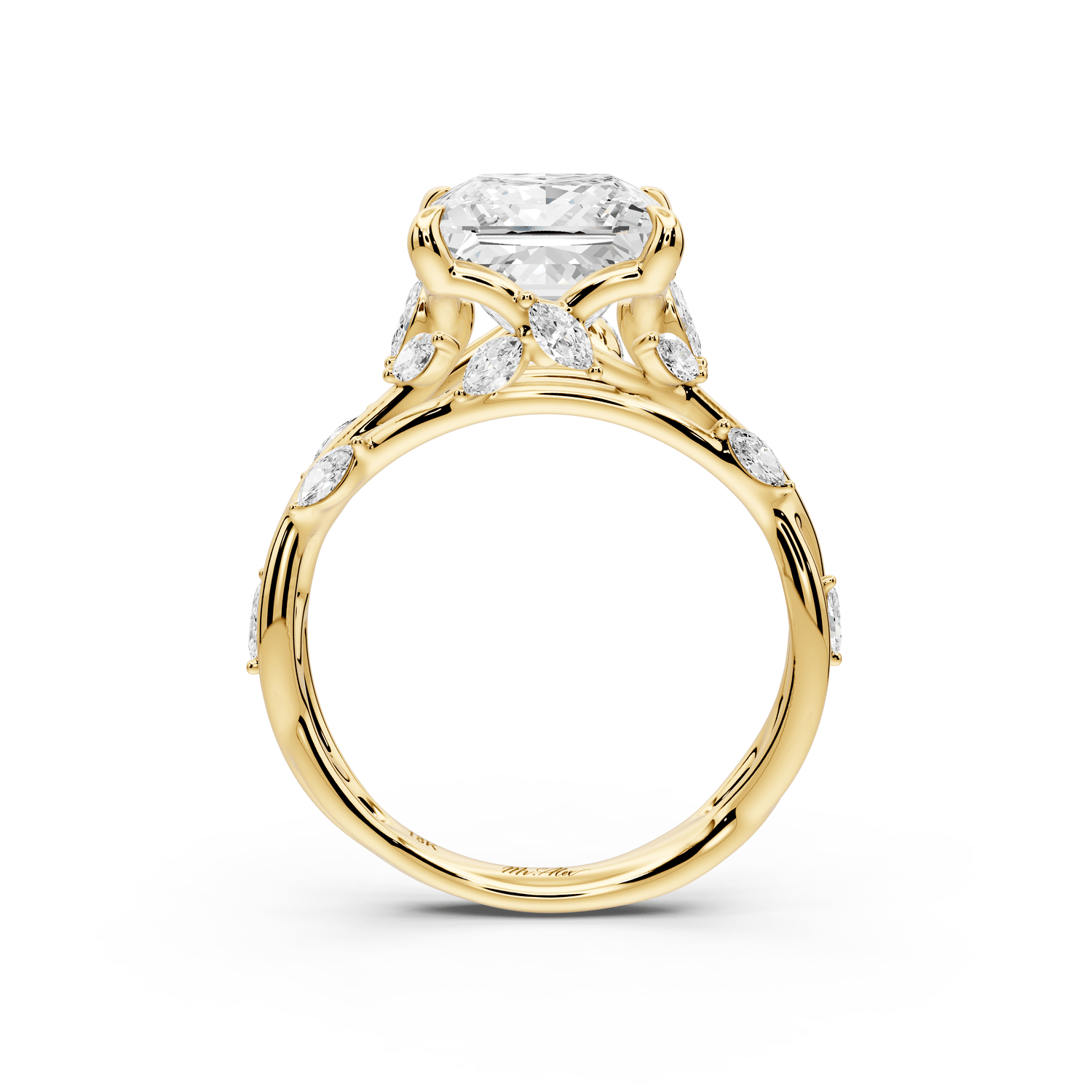 Sarah - 3ct 18k yellow gold Princess Nature-Inspired Engagement Ring with Sculpted Vine and Leaf Side Stones - Mr. Alex Jewelry