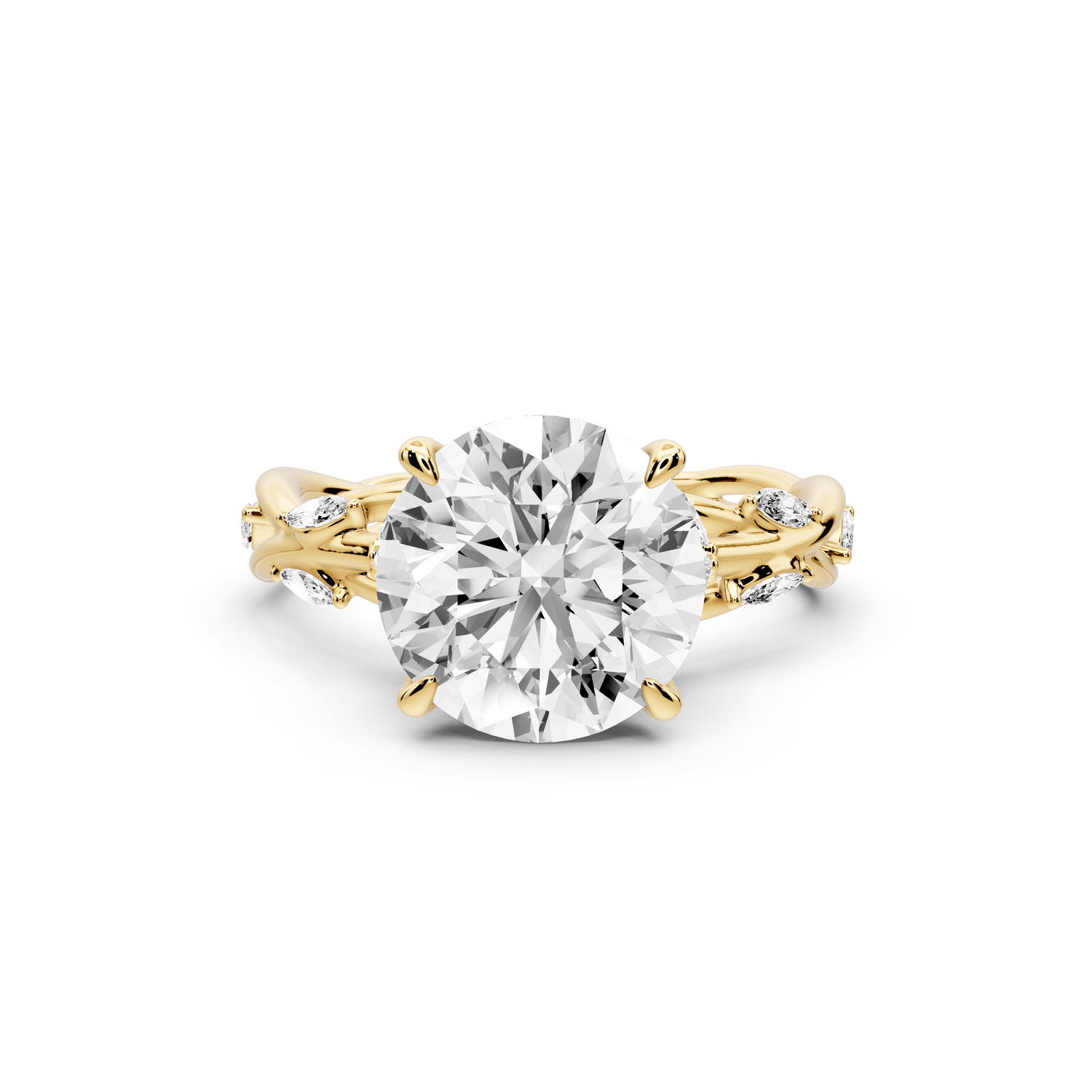 Sarah - 3ct 18k yellow gold Round Nature-Inspired Engagement Ring with Sculpted Vine and Leaf Side Stones - Mr. Alex Jewelry