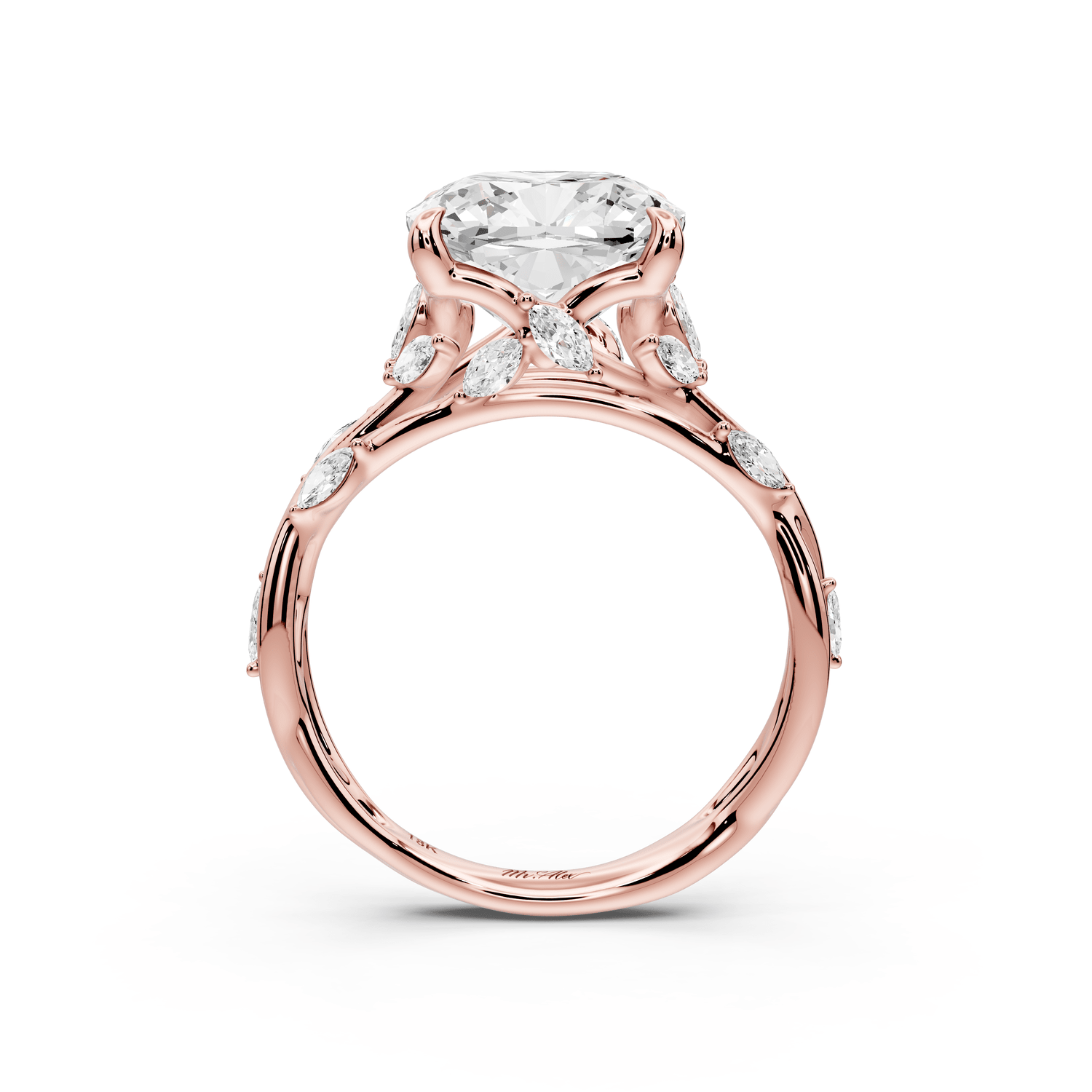 Sarah - 4ct 14k rose gold Cushion Nature-Inspired Engagement Ring with Sculpted Vine and Leaf Side Stones - Mr. Alex Jewelry