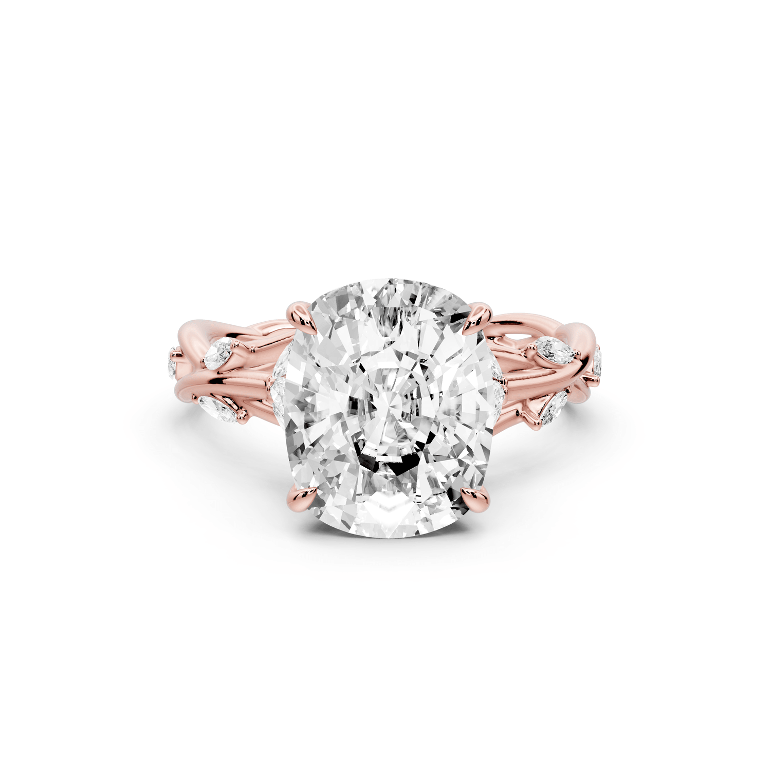 Sarah - 4ct 14k rose gold Ecushion Nature-Inspired Engagement Ring with Sculpted Vine and Leaf Side Stones - Mr. Alex Jewelry