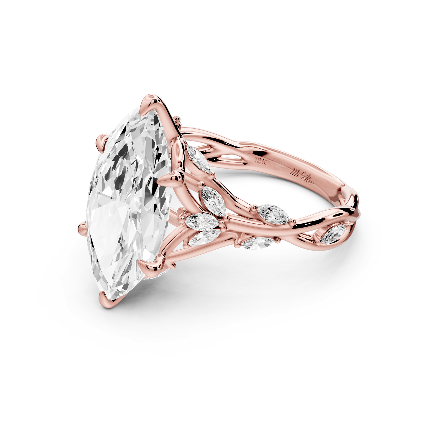 Sarah - 4ct 14k rose gold Marquise Nature-Inspired Engagement Ring with Sculpted Vine and Leaf Side Stones - Mr. Alex Jewelry