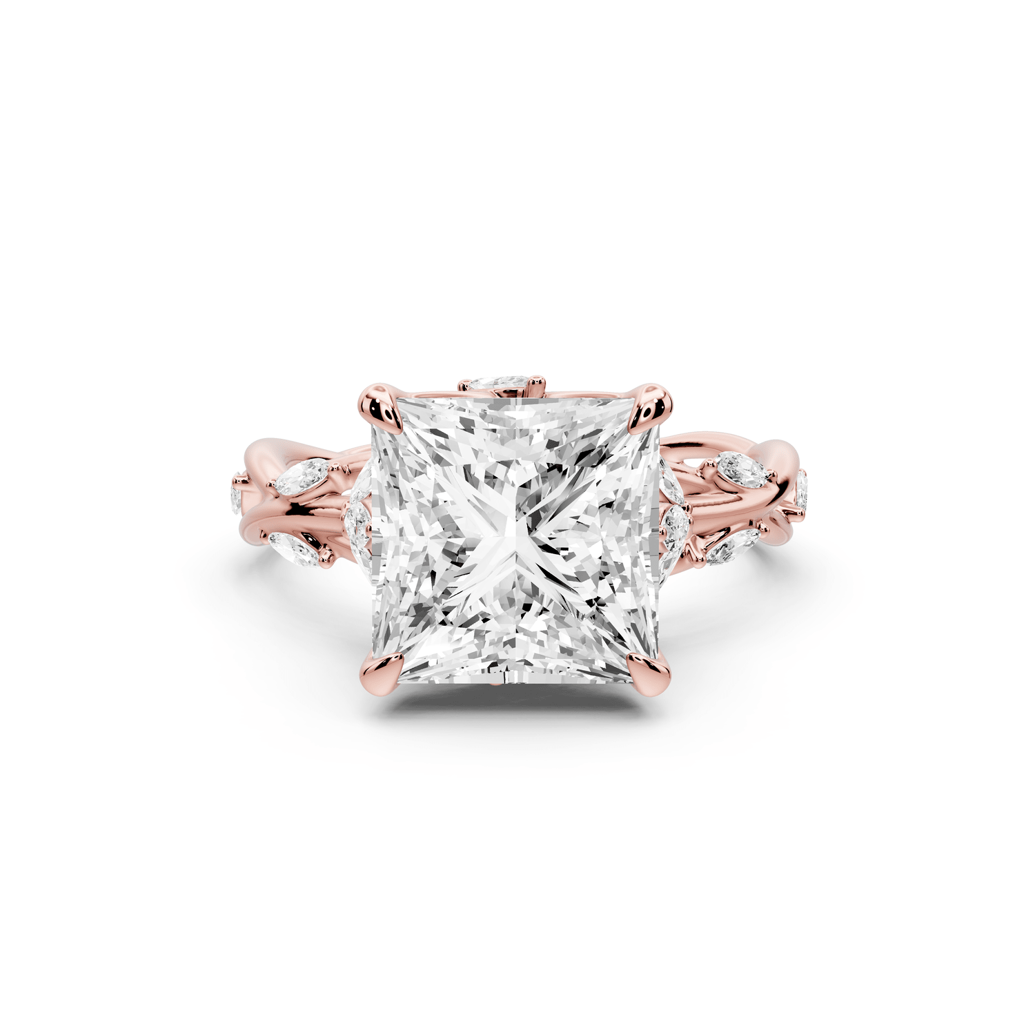 Sarah - 4ct 14k rose gold Princess Nature-Inspired Engagement Ring with Sculpted Vine and Leaf Side Stones - Mr. Alex Jewelry