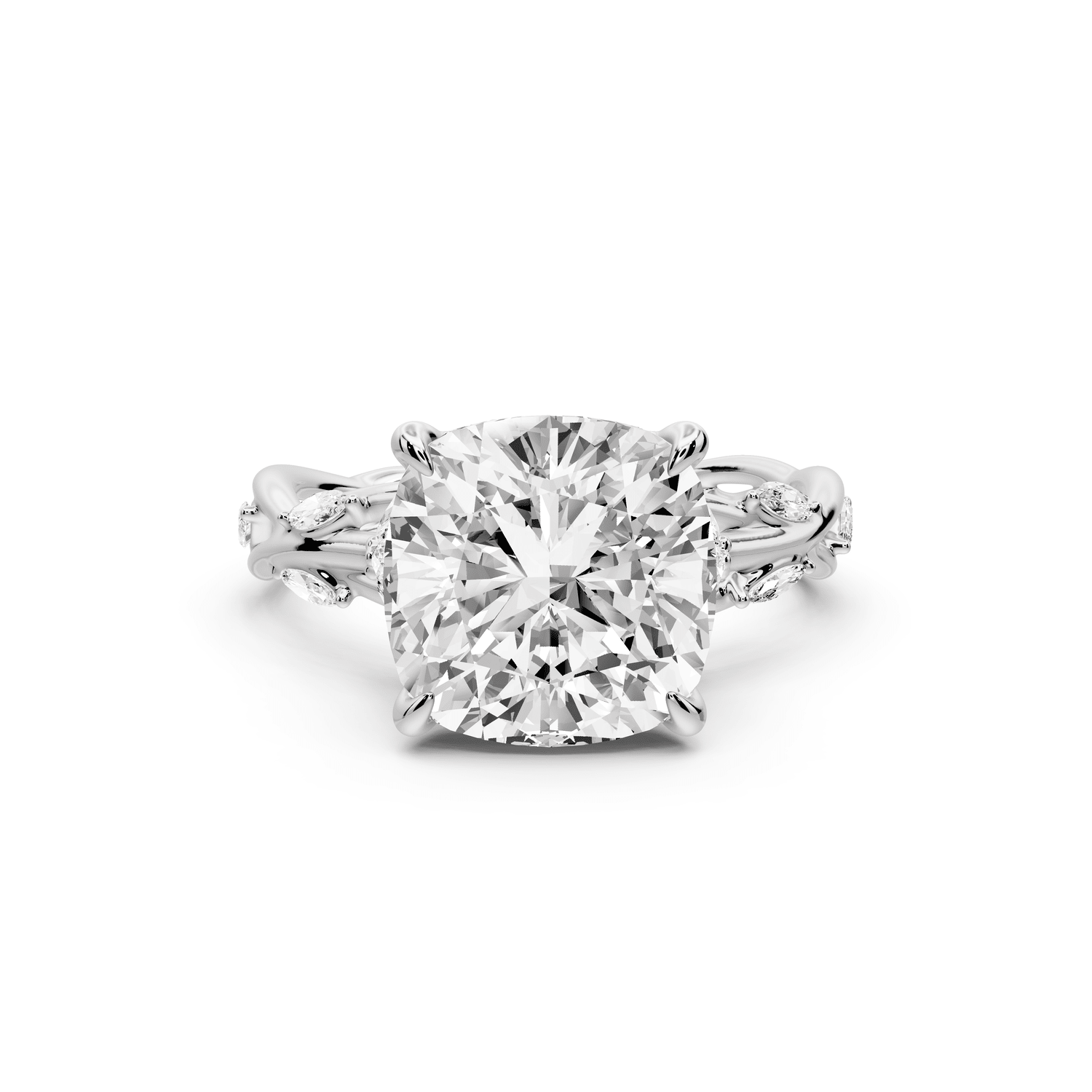 Sarah - 4ct 14k white gold Cushion Nature-Inspired Engagement Ring with Sculpted Vine and Leaf Side Stones - Mr. Alex Jewelry