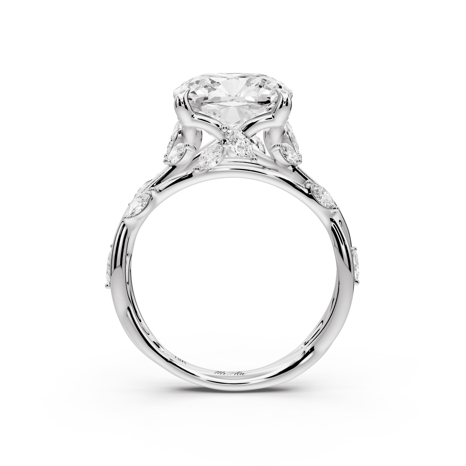Sarah - 4ct 14k white gold Cushion Nature-Inspired Engagement Ring with Sculpted Vine and Leaf Side Stones - Mr. Alex Jewelry