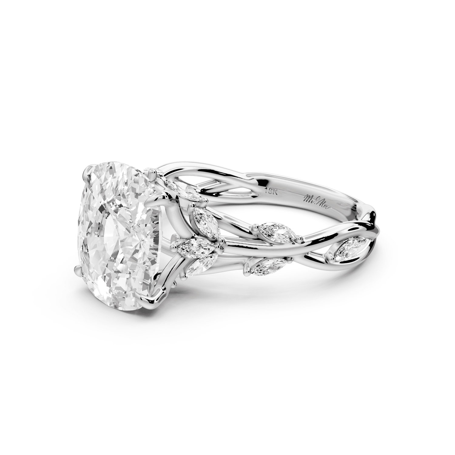 Sarah - 4ct 14k white gold Ecushion Nature-Inspired Engagement Ring with Sculpted Vine and Leaf Side Stones - Mr. Alex Jewelry