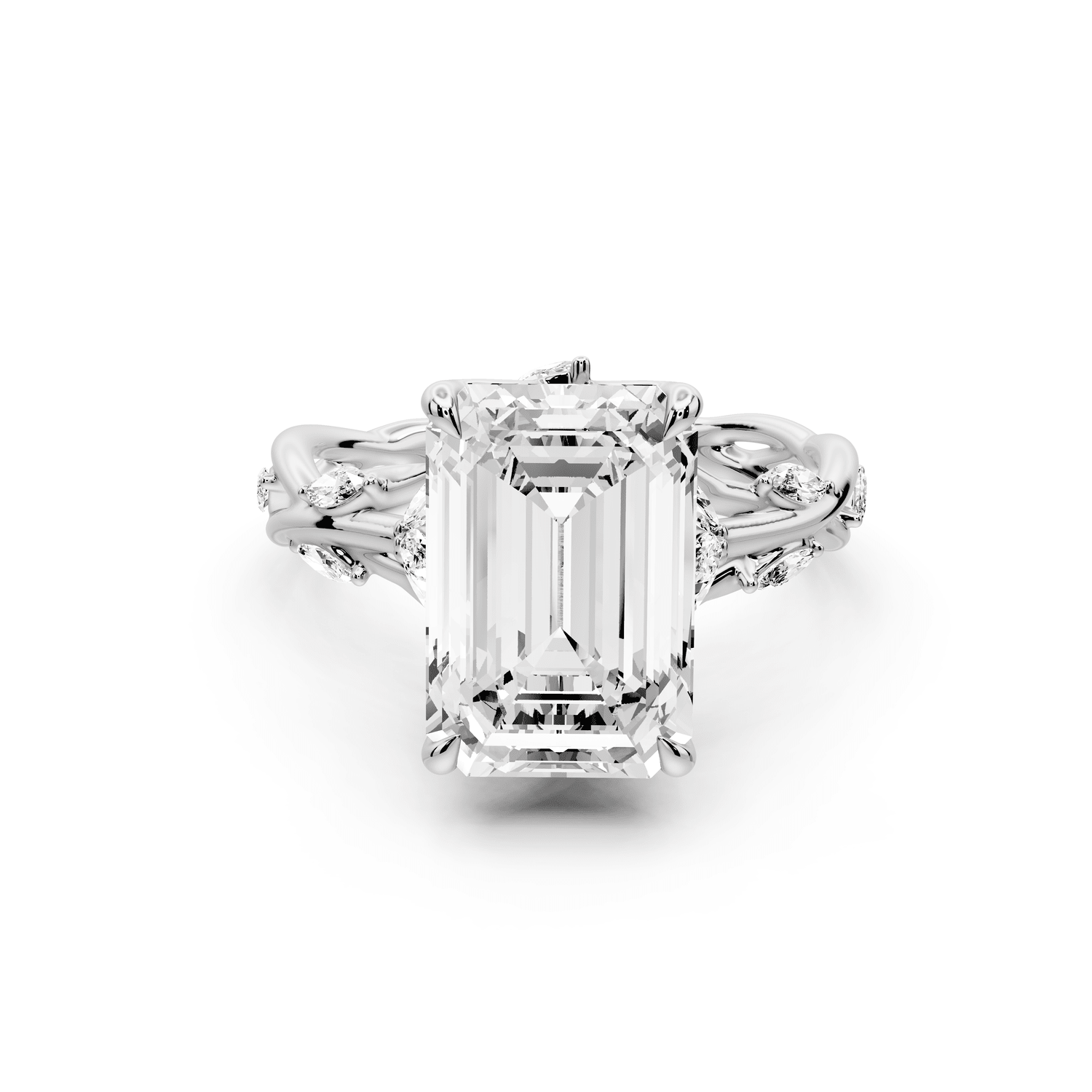 Sarah - 4ct 14k white gold Emerald Nature-Inspired Engagement Ring with Sculpted Vine and Leaf Side Stones - Mr. Alex Jewelry