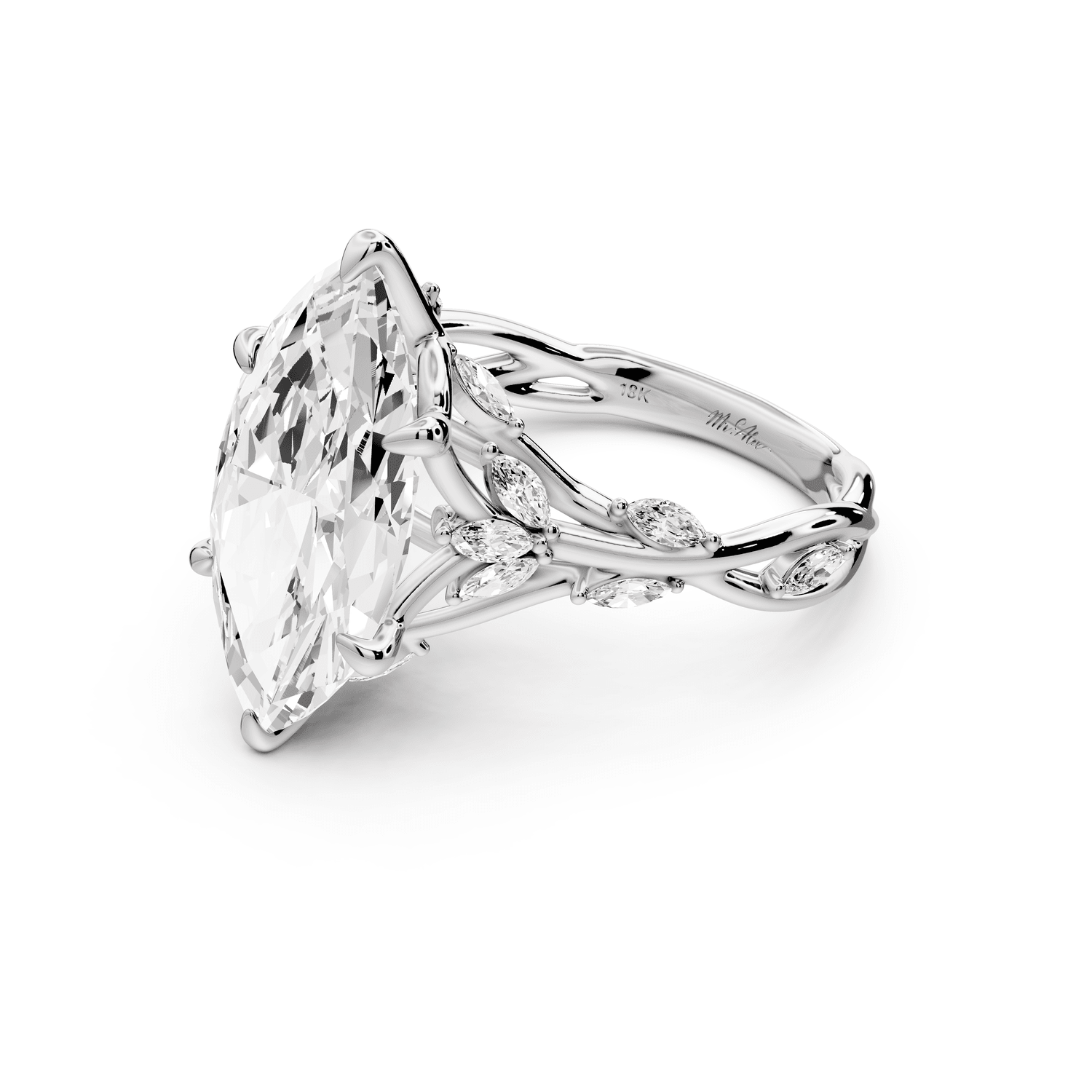 Sarah - 4ct 14k white gold Marquise Nature-Inspired Engagement Ring with Sculpted Vine and Leaf Side Stones - Mr. Alex Jewelry