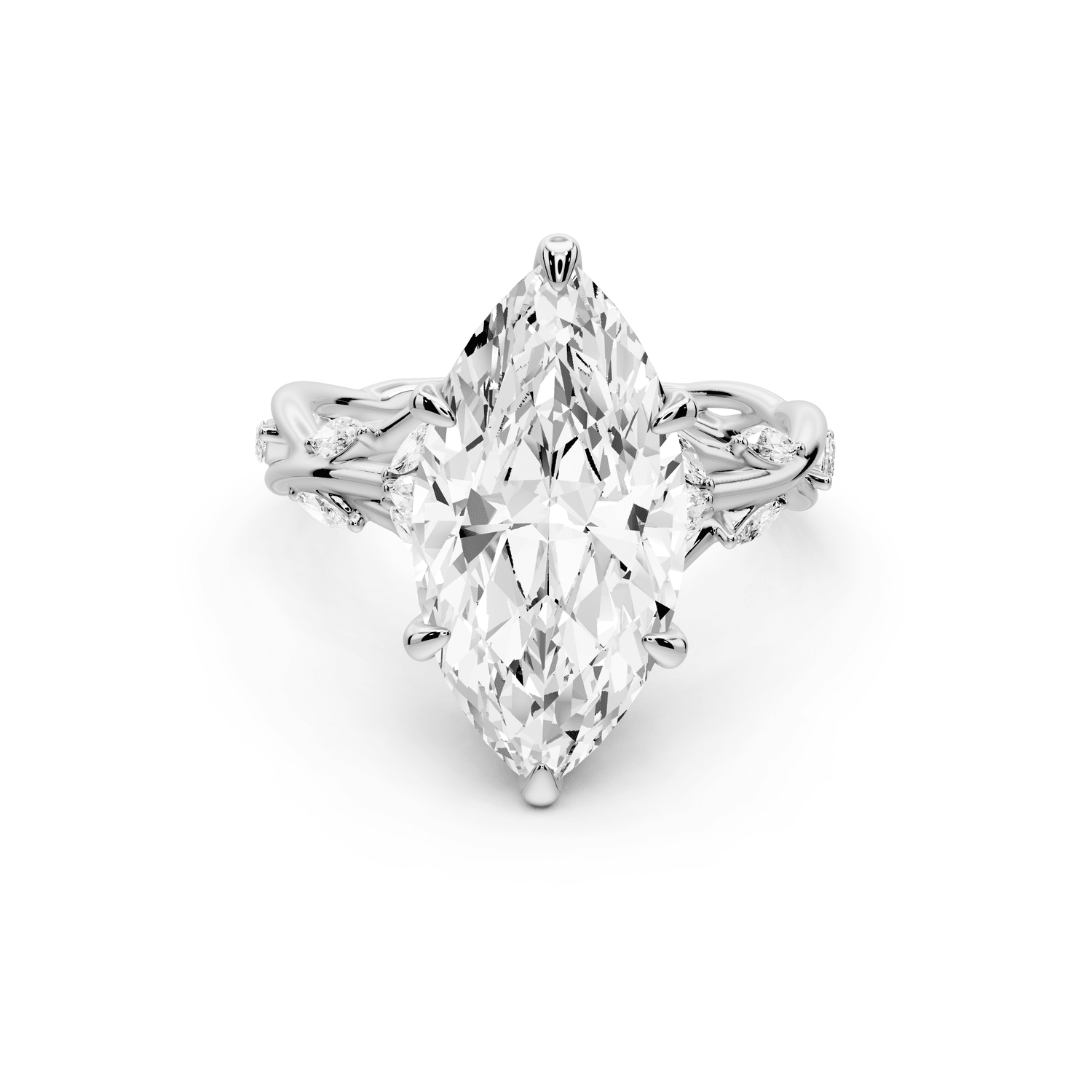 Sarah - 4ct 14k white gold Marquise Nature-Inspired Engagement Ring with Sculpted Vine and Leaf Side Stones - Mr. Alex Jewelry