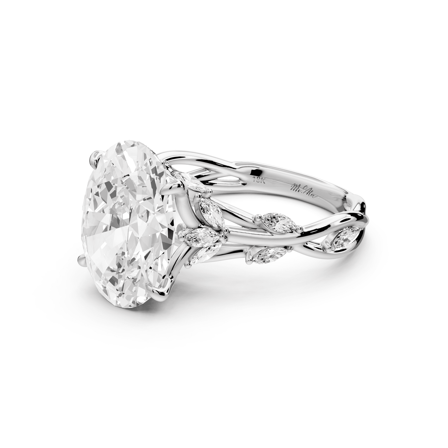 Sarah - 4ct 14k white gold Oval Nature-Inspired Engagement Ring with Sculpted Vine and Leaf Side Stones - Mr. Alex Jewelry