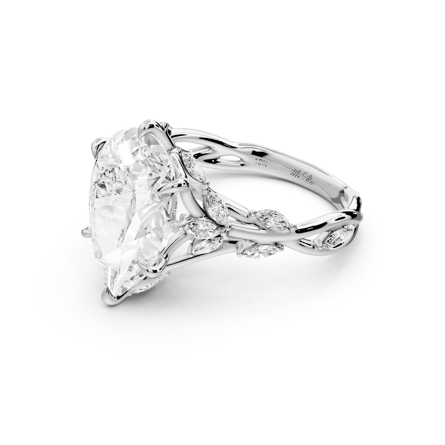 Sarah - 4ct 14k white gold Pear Nature-Inspired Engagement Ring with Sculpted Vine and Leaf Side Stones - Mr. Alex Jewelry