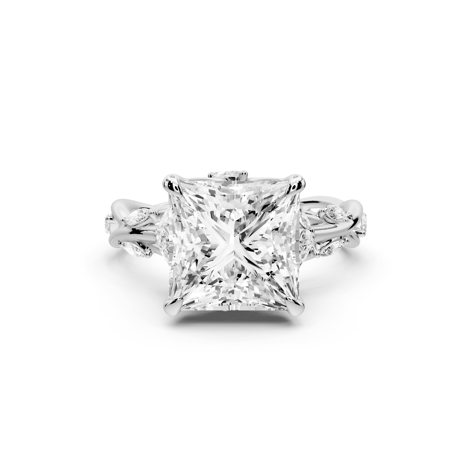 Sarah - 4ct 14k white gold Princess Nature-Inspired Engagement Ring with Sculpted Vine and Leaf Side Stones - Mr. Alex Jewelry