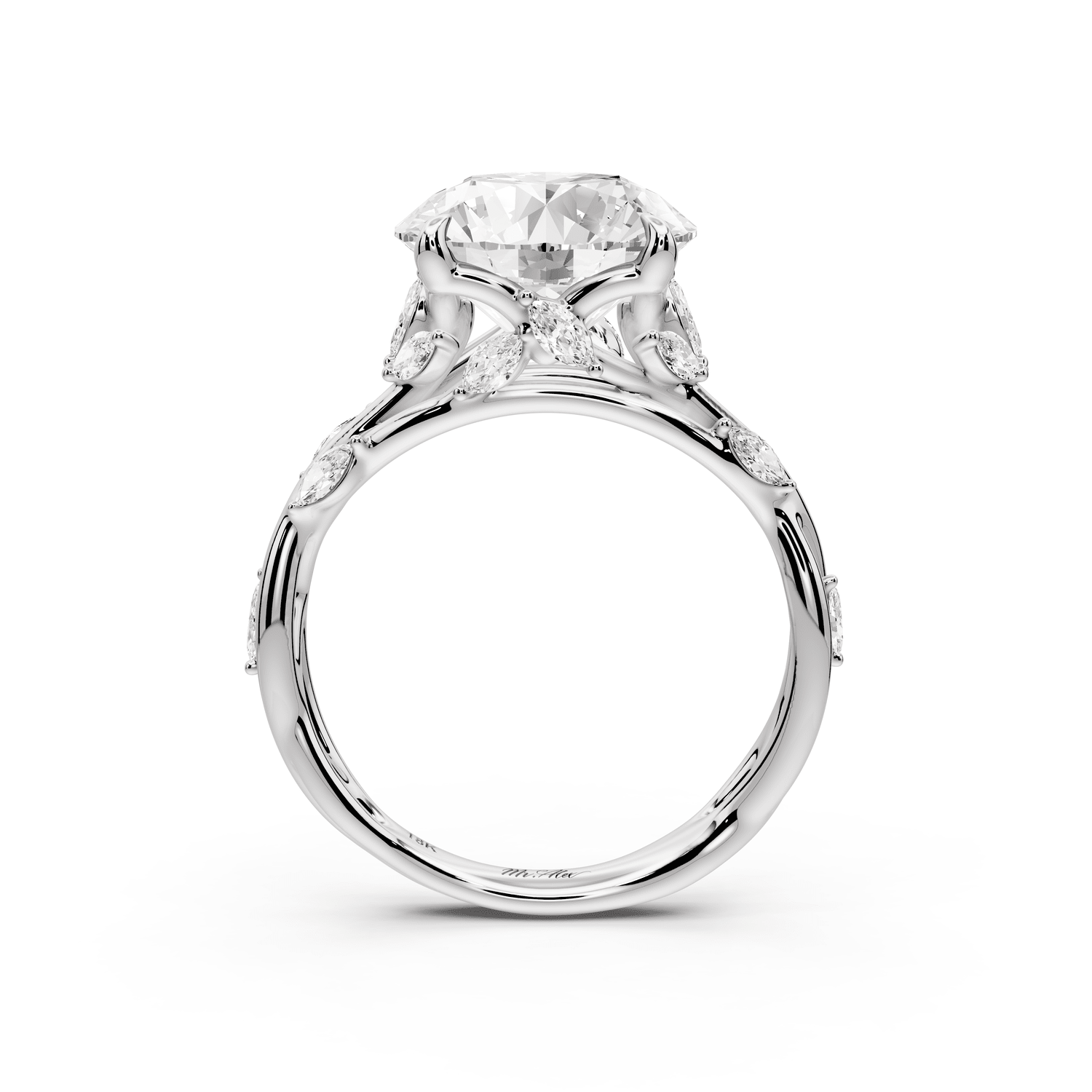 Sarah - 4ct 14k white gold Round Nature-Inspired Engagement Ring with Sculpted Vine and Leaf Side Stones - Mr. Alex Jewelry