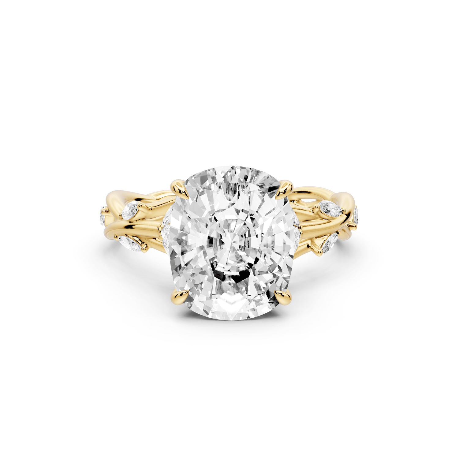 Sarah - 4ct 14k yellow gold Ecushion Nature-Inspired Engagement Ring with Sculpted Vine and Leaf Side Stones - Mr. Alex Jewelry