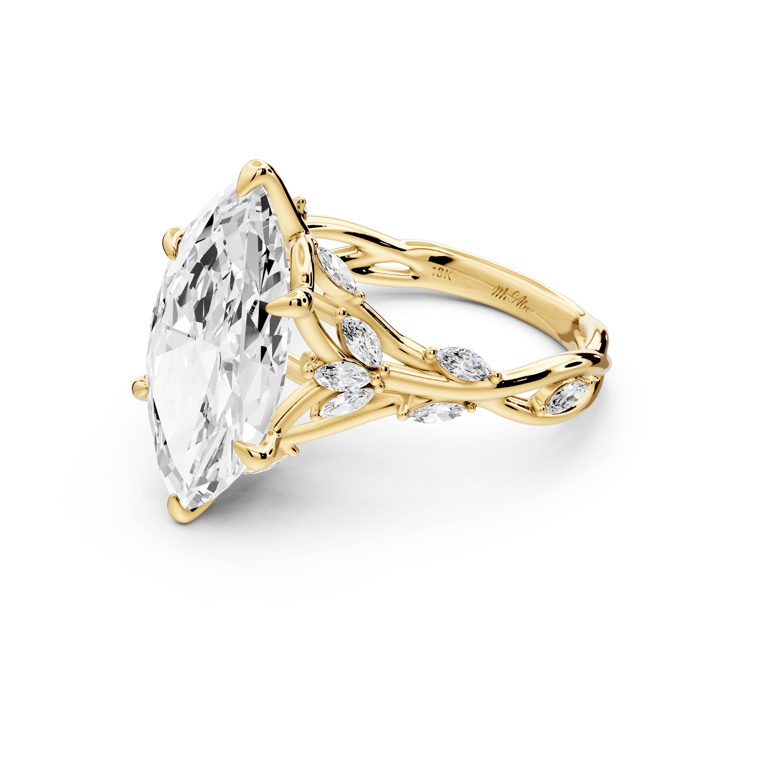 Sarah - 4ct 14k yellow gold Marquise Nature-Inspired Engagement Ring with Sculpted Vine and Leaf Side Stones - Mr. Alex Jewelry