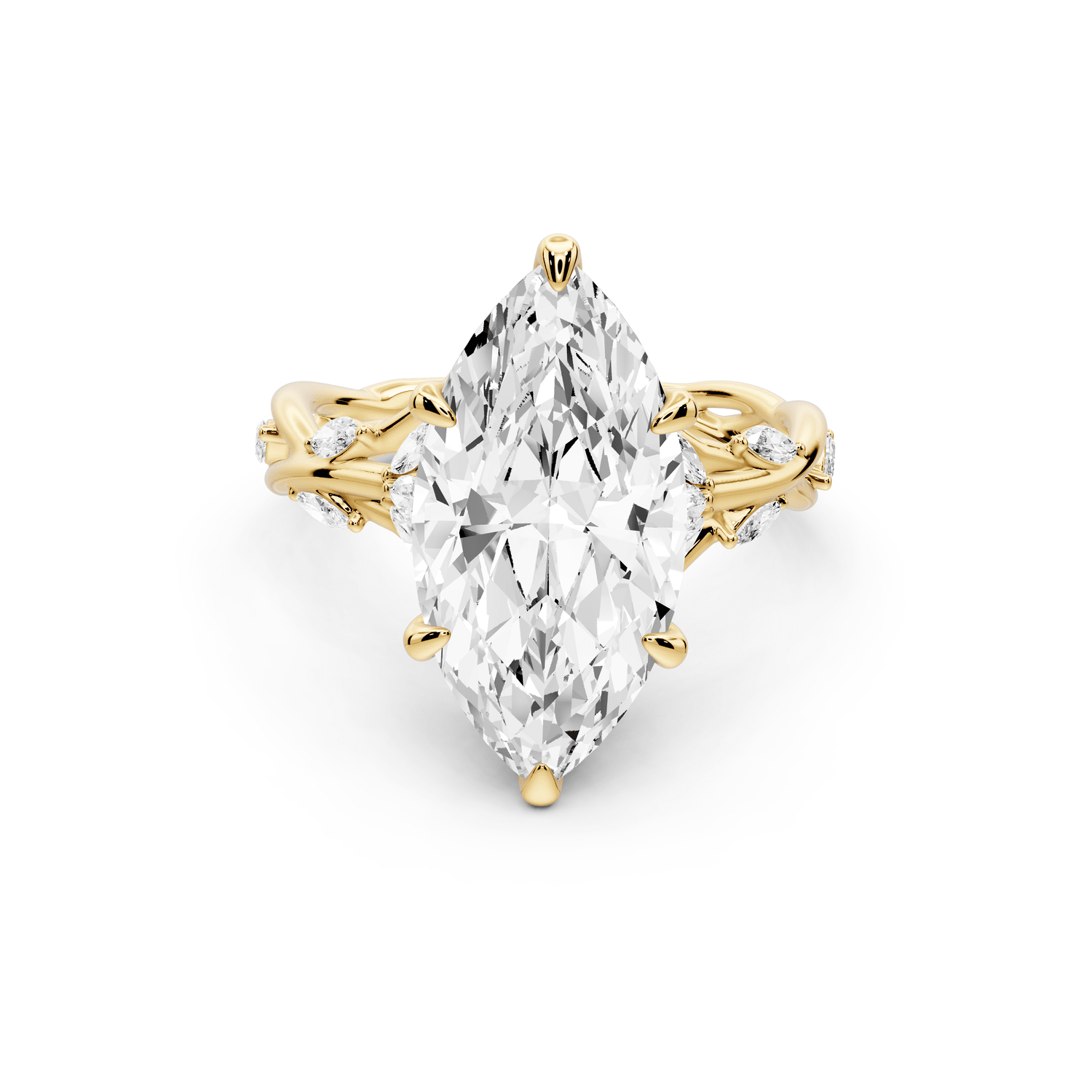 Sarah - 4ct 14k yellow gold Marquise Nature-Inspired Engagement Ring with Sculpted Vine and Leaf Side Stones - Mr. Alex Jewelry