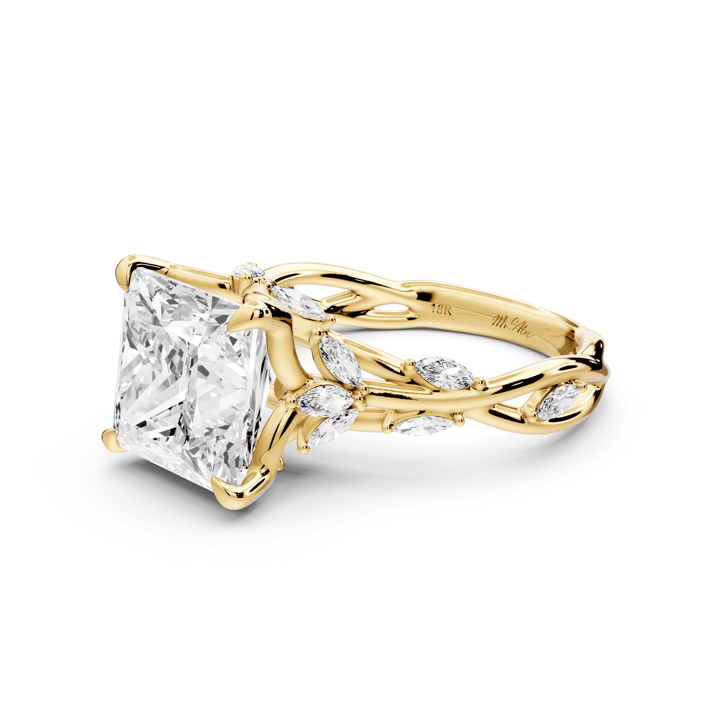 Sarah - 4ct 14k yellow gold Princess Nature-Inspired Engagement Ring with Sculpted Vine and Leaf Side Stones - Mr. Alex Jewelry