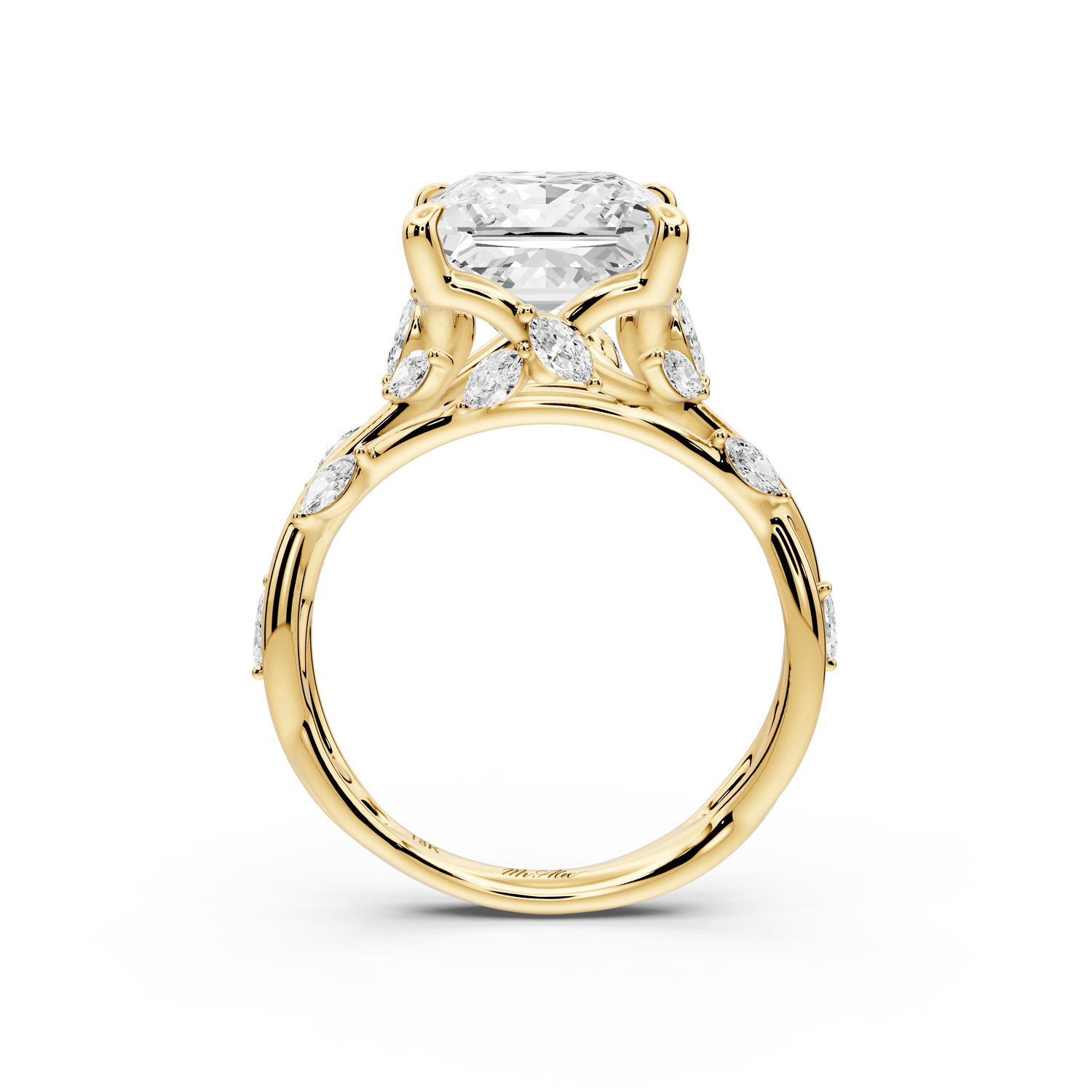 Sarah - 4ct 14k yellow gold Princess Nature-Inspired Engagement Ring with Sculpted Vine and Leaf Side Stones - Mr. Alex Jewelry