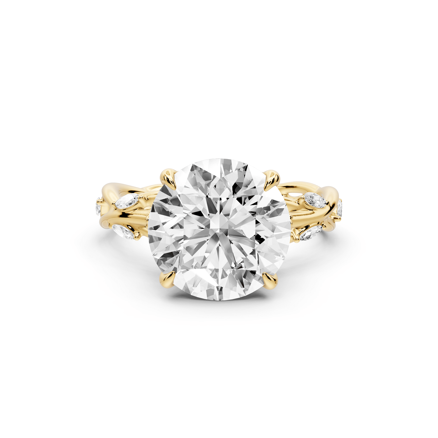 Sarah - 4ct 14k yellow gold Round Nature-Inspired Engagement Ring with Sculpted Vine and Leaf Side Stones - Mr. Alex Jewelry