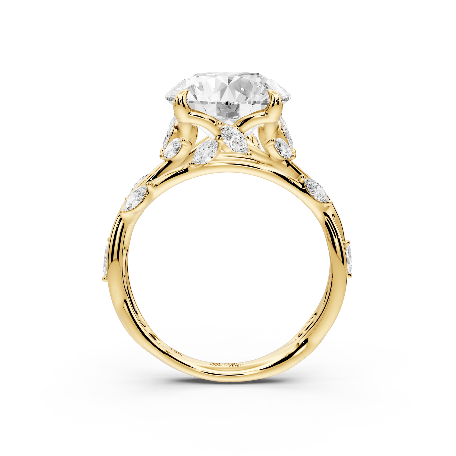 Sarah - 4ct 14k yellow gold Round Nature-Inspired Engagement Ring with Sculpted Vine and Leaf Side Stones - Mr. Alex Jewelry