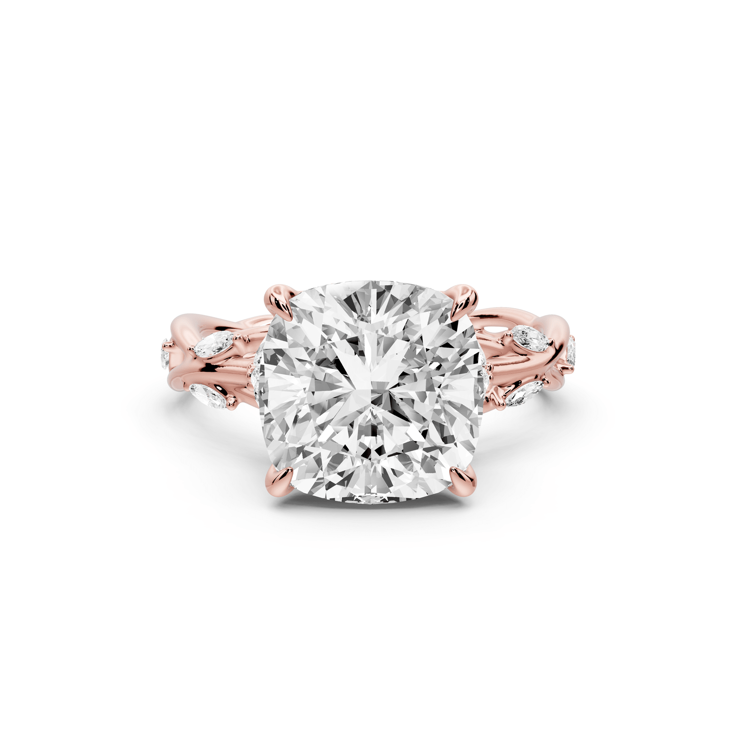 Sarah - 4ct 18k rose gold Cushion Nature-Inspired Engagement Ring with Sculpted Vine and Leaf Side Stones - Mr. Alex Jewelry