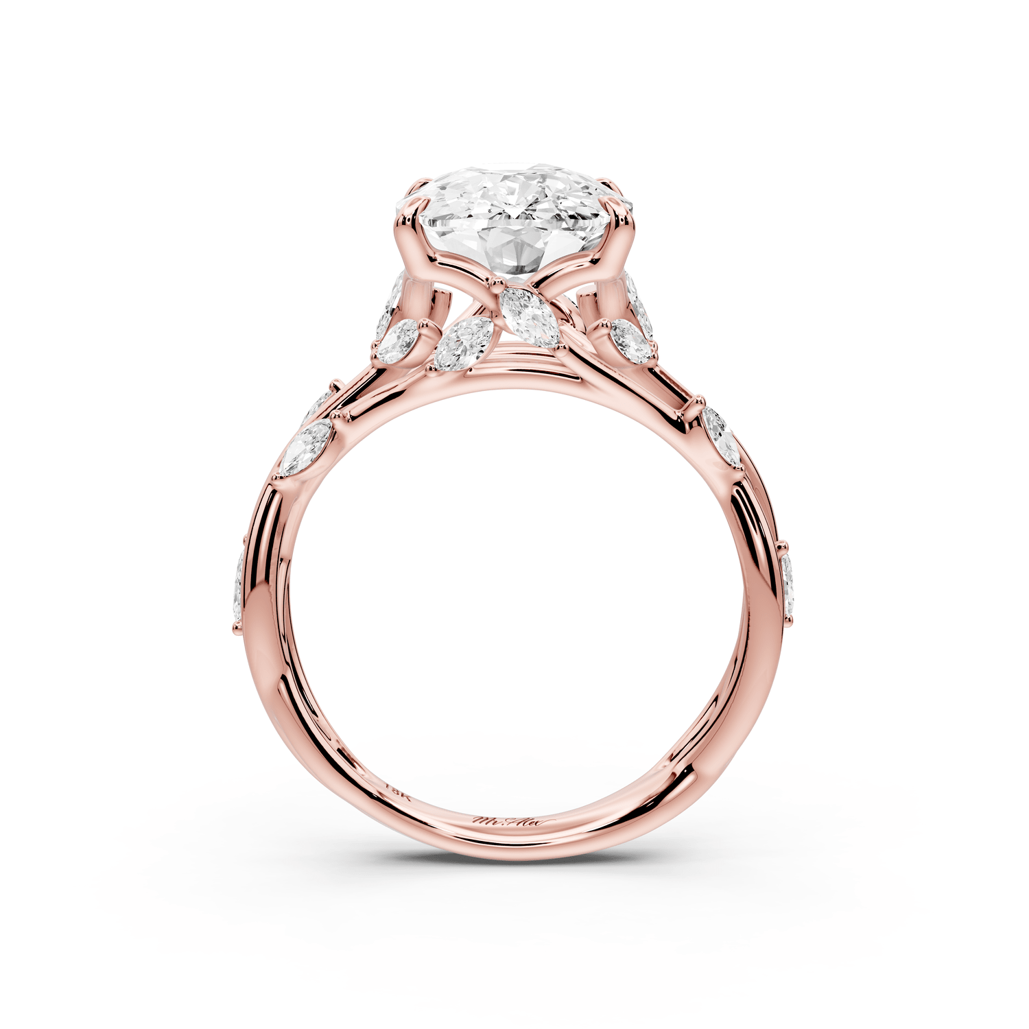 Sarah - 4ct 18k rose gold Ecushion Nature-Inspired Engagement Ring with Sculpted Vine and Leaf Side Stones - Mr. Alex Jewelry