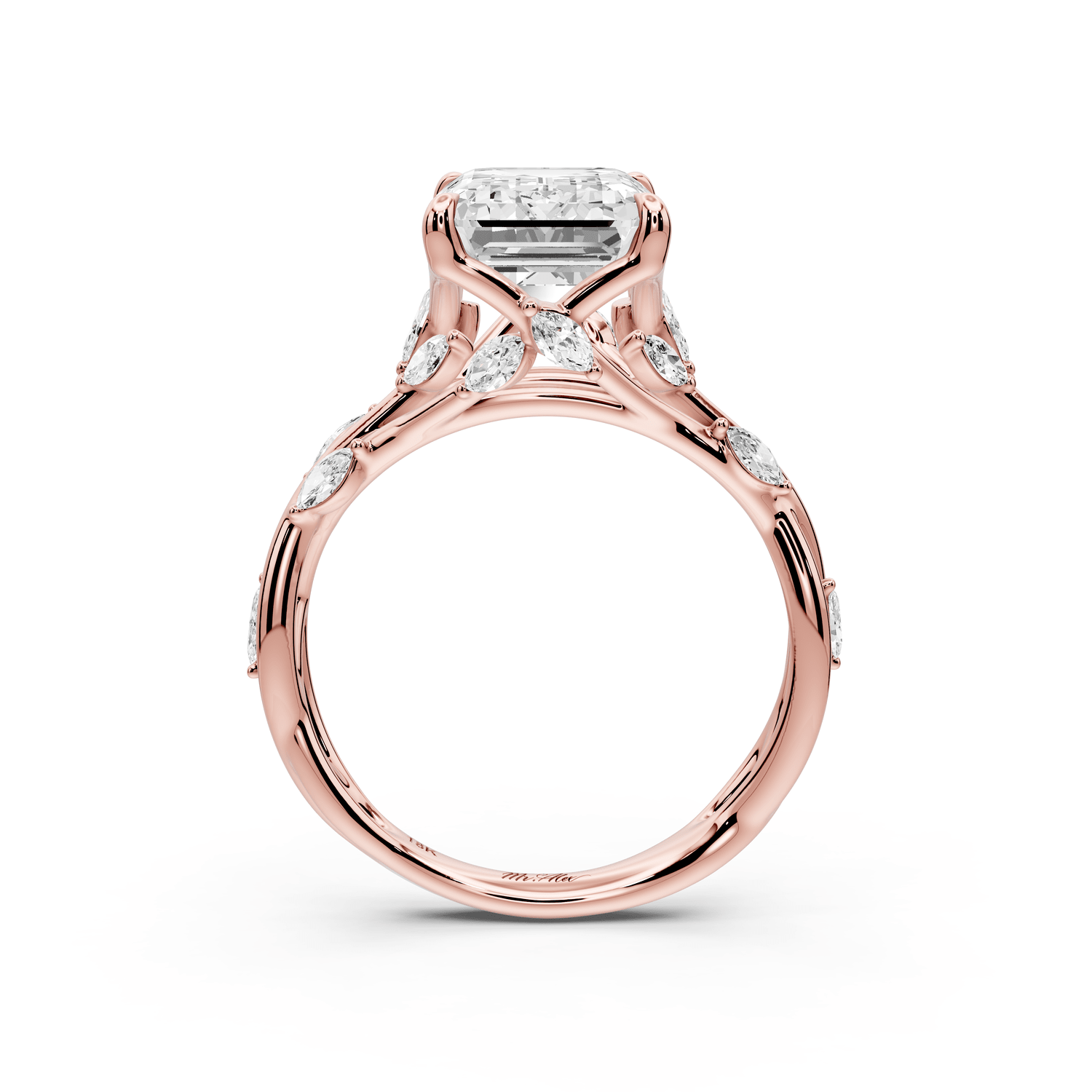 Sarah - 4ct 18k rose gold Emerald Nature-Inspired Engagement Ring with Sculpted Vine and Leaf Side Stones - Mr. Alex Jewelry