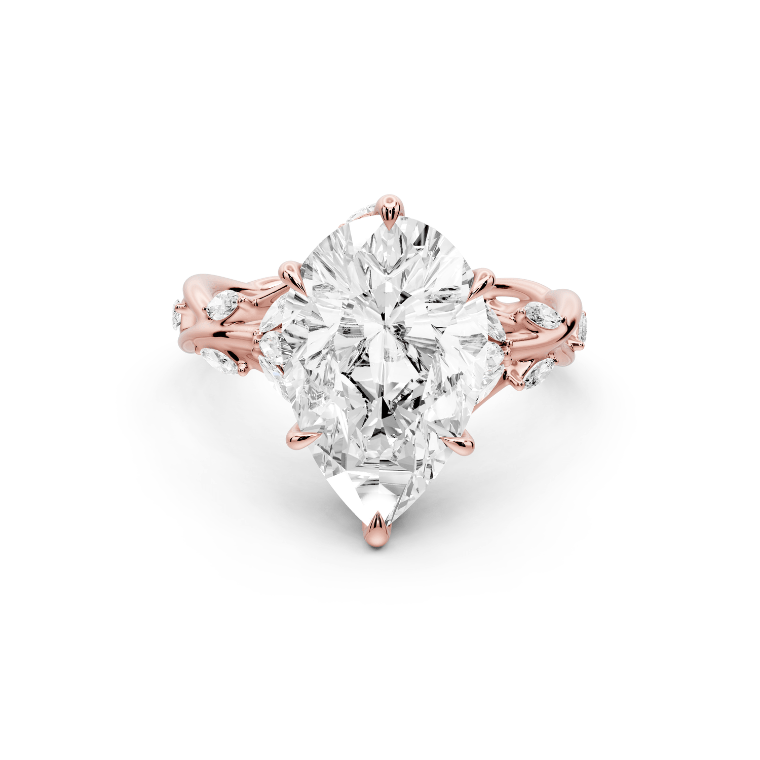 Sarah - 4ct 18k rose gold Pear Nature-Inspired Engagement Ring with Sculpted Vine and Leaf Side Stones - Mr. Alex Jewelry
