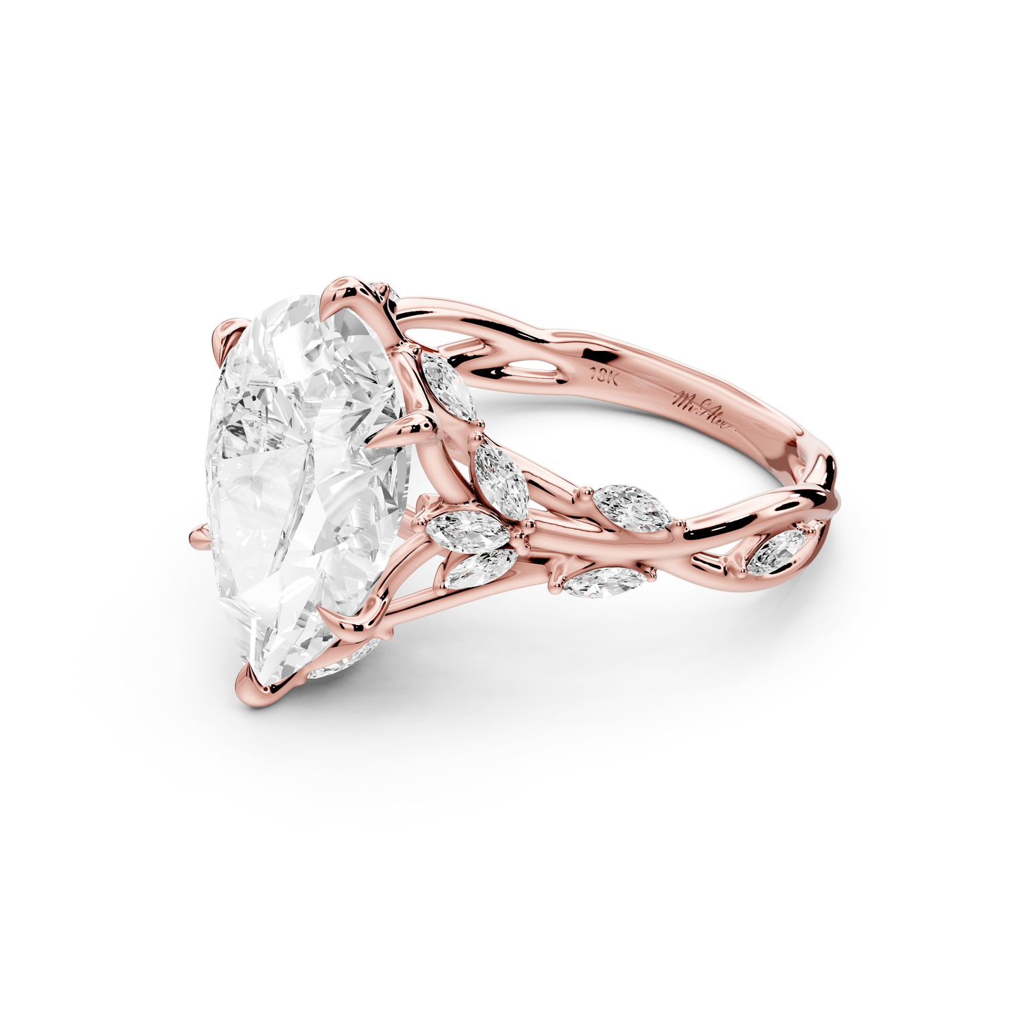 Sarah - 4ct 18k rose gold Pear Nature-Inspired Engagement Ring with Sculpted Vine and Leaf Side Stones - Mr. Alex Jewelry