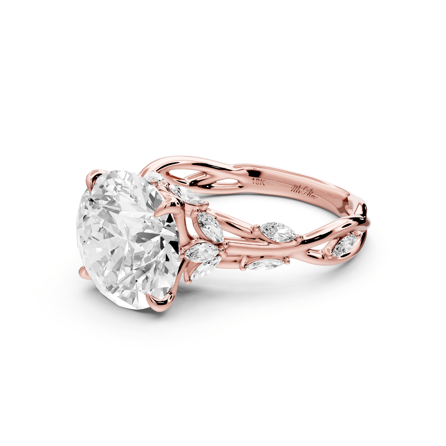 Sarah - 4ct 18k rose gold Round Nature-Inspired Engagement Ring with Sculpted Vine and Leaf Side Stones - Mr. Alex Jewelry
