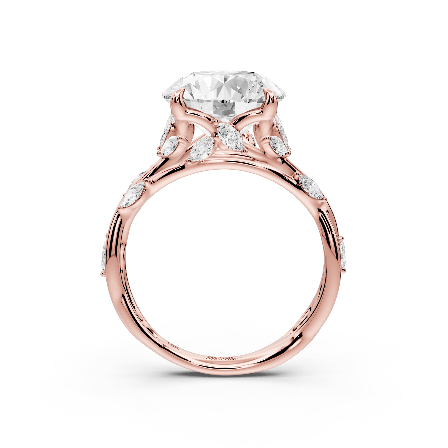 Sarah - 4ct 18k rose gold Round Nature-Inspired Engagement Ring with Sculpted Vine and Leaf Side Stones - Mr. Alex Jewelry
