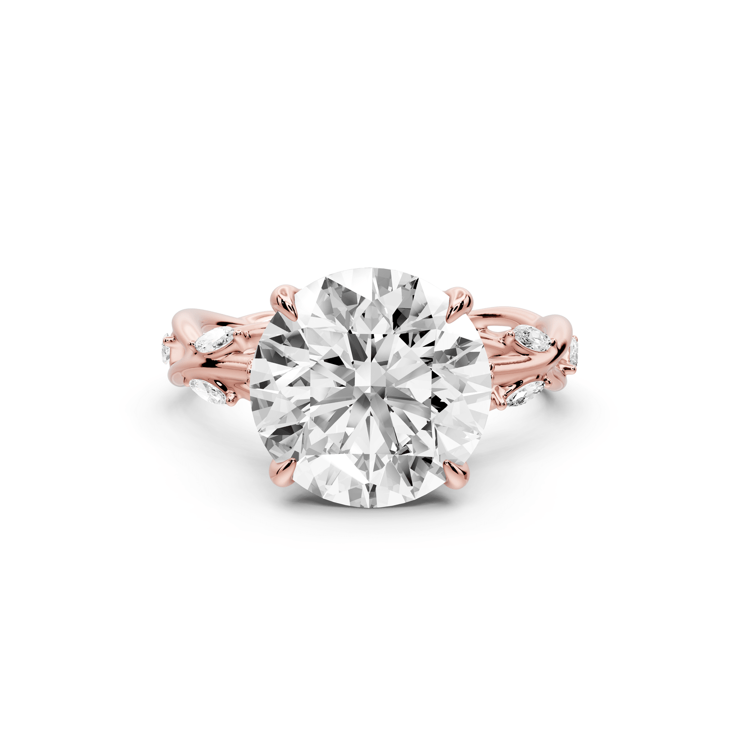 Sarah - 4ct 18k rose gold Round Nature-Inspired Engagement Ring with Sculpted Vine and Leaf Side Stones - Mr. Alex Jewelry