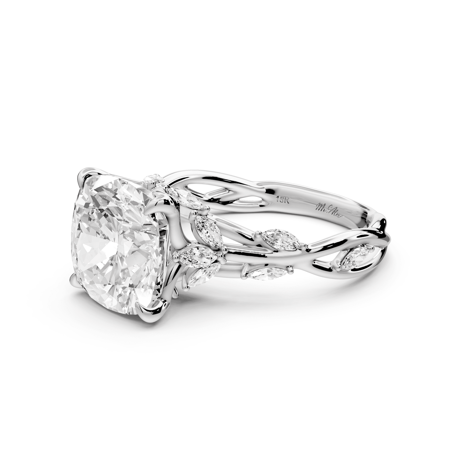 Sarah - 4ct 18k white gold Cushion Nature-Inspired Engagement Ring with Sculpted Vine and Leaf Side Stones - Mr. Alex Jewelry