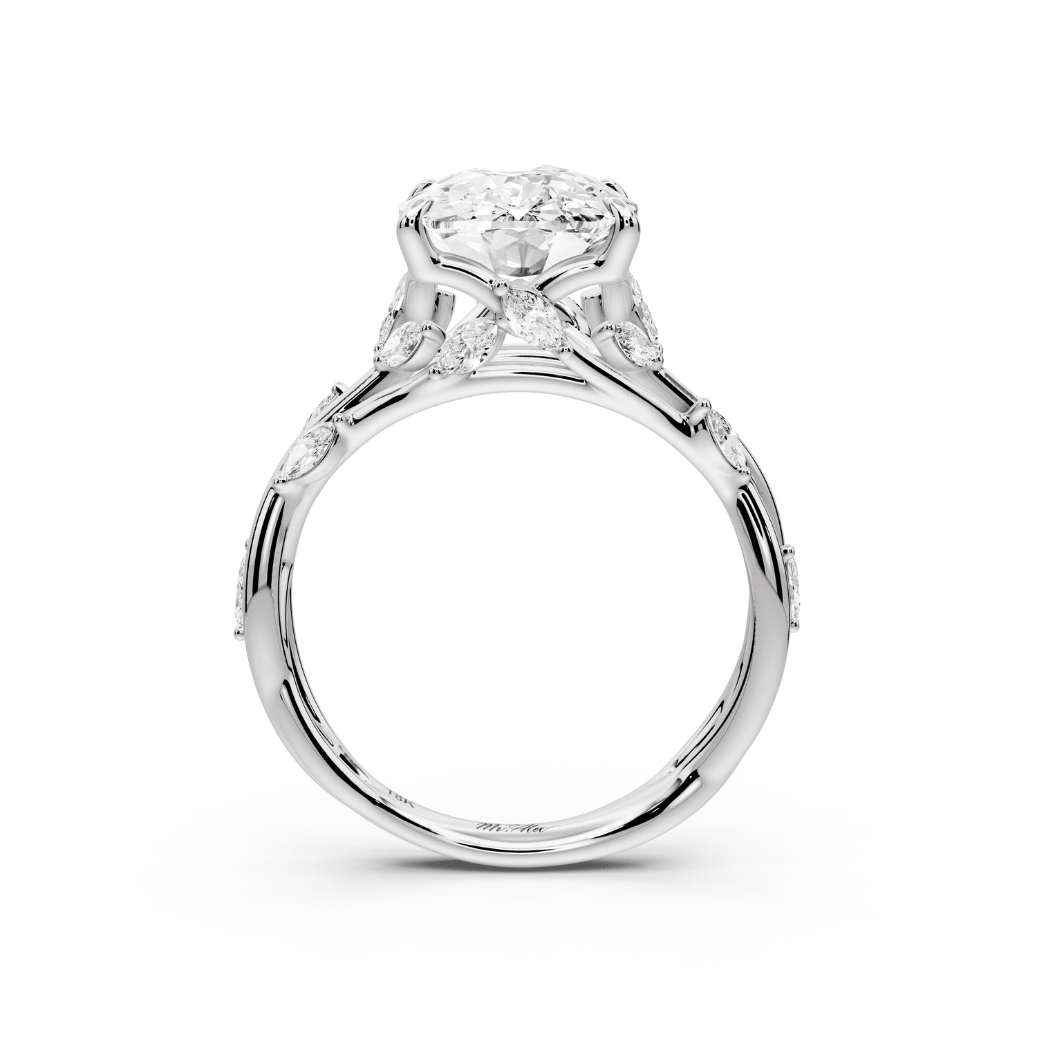 Sarah - 4ct 18k white gold Ecushion Nature-Inspired Engagement Ring with Sculpted Vine and Leaf Side Stones - Mr. Alex Jewelry