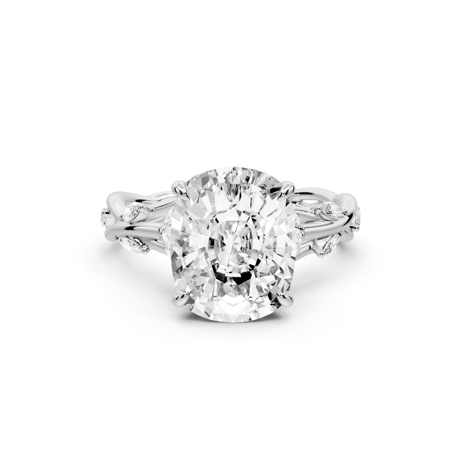 Sarah - 4ct 18k white gold Ecushion Nature-Inspired Engagement Ring with Sculpted Vine and Leaf Side Stones - Mr. Alex Jewelry
