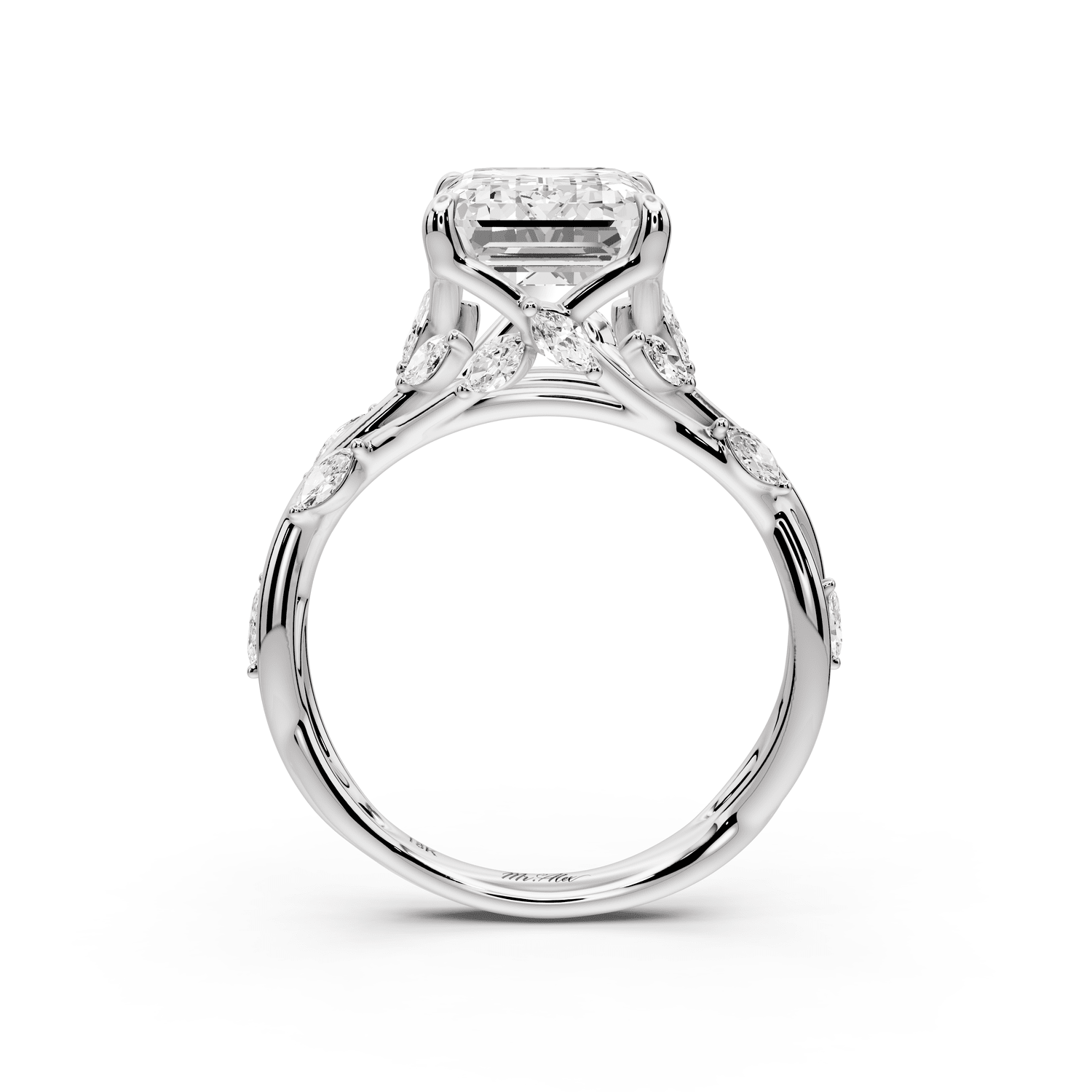 Sarah - 4ct 18k white gold Emerald Nature-Inspired Engagement Ring with Sculpted Vine and Leaf Side Stones - Mr. Alex Jewelry