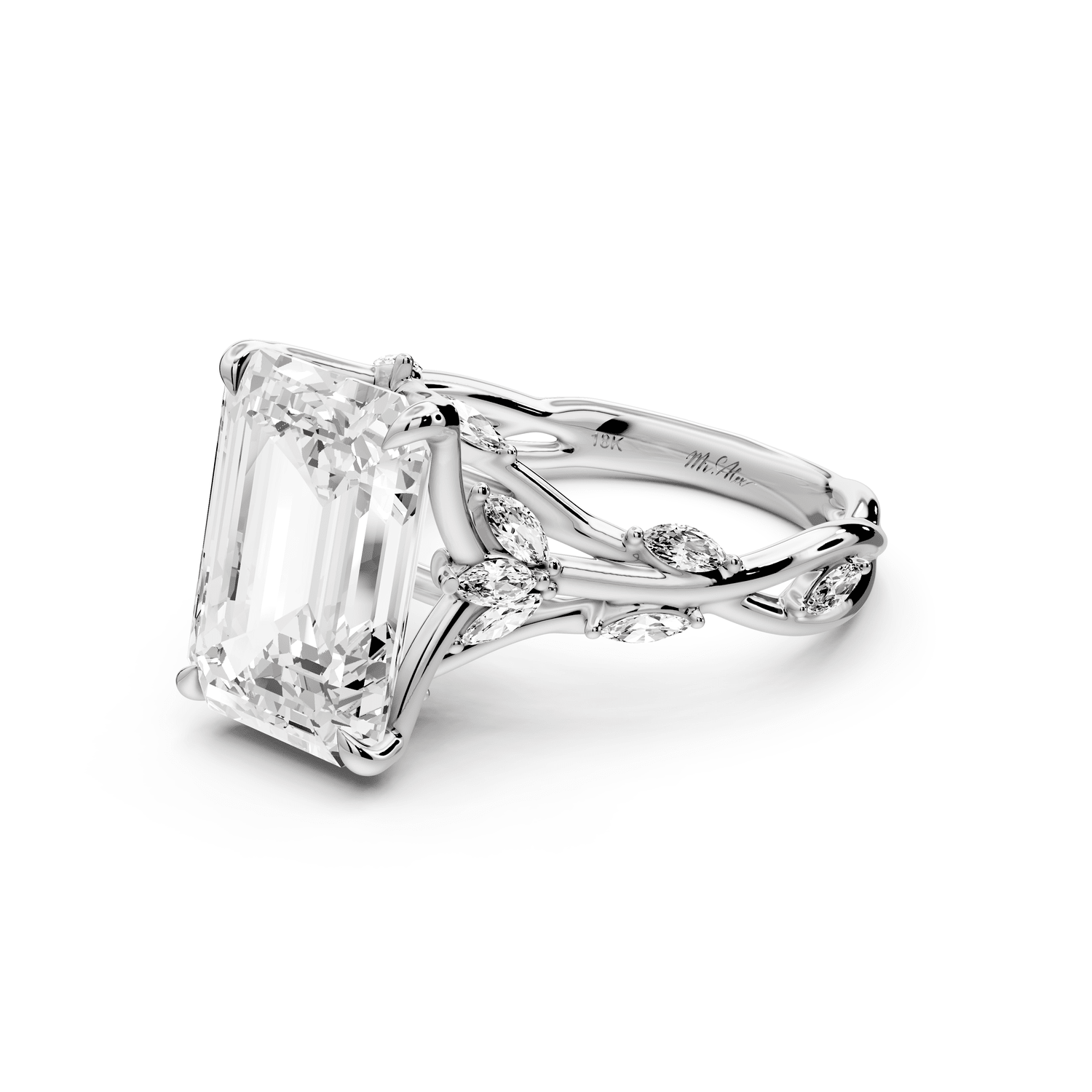 Sarah - 4ct 18k white gold Emerald Nature-Inspired Engagement Ring with Sculpted Vine and Leaf Side Stones - Mr. Alex Jewelry