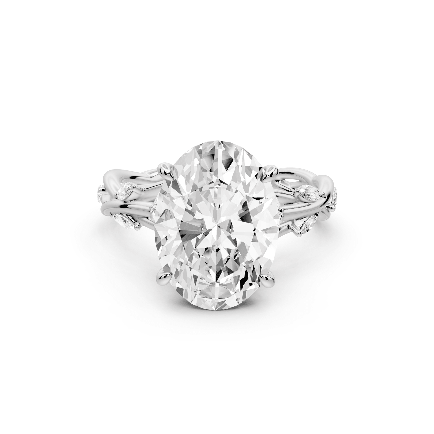 Sarah - 4ct 18k white gold Oval Nature-Inspired Engagement Ring with Sculpted Vine and Leaf Side Stones - Mr. Alex Jewelry