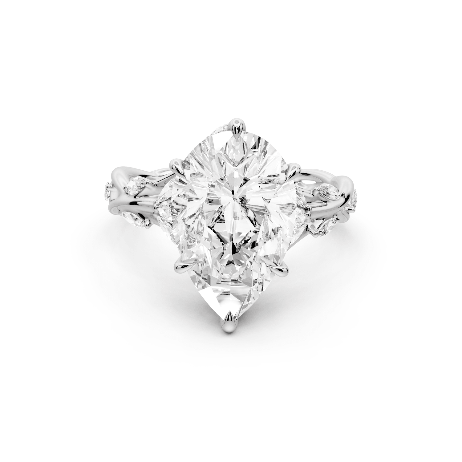 Sarah - 4ct 18k white gold Pear Nature-Inspired Engagement Ring with Sculpted Vine and Leaf Side Stones - Mr. Alex Jewelry