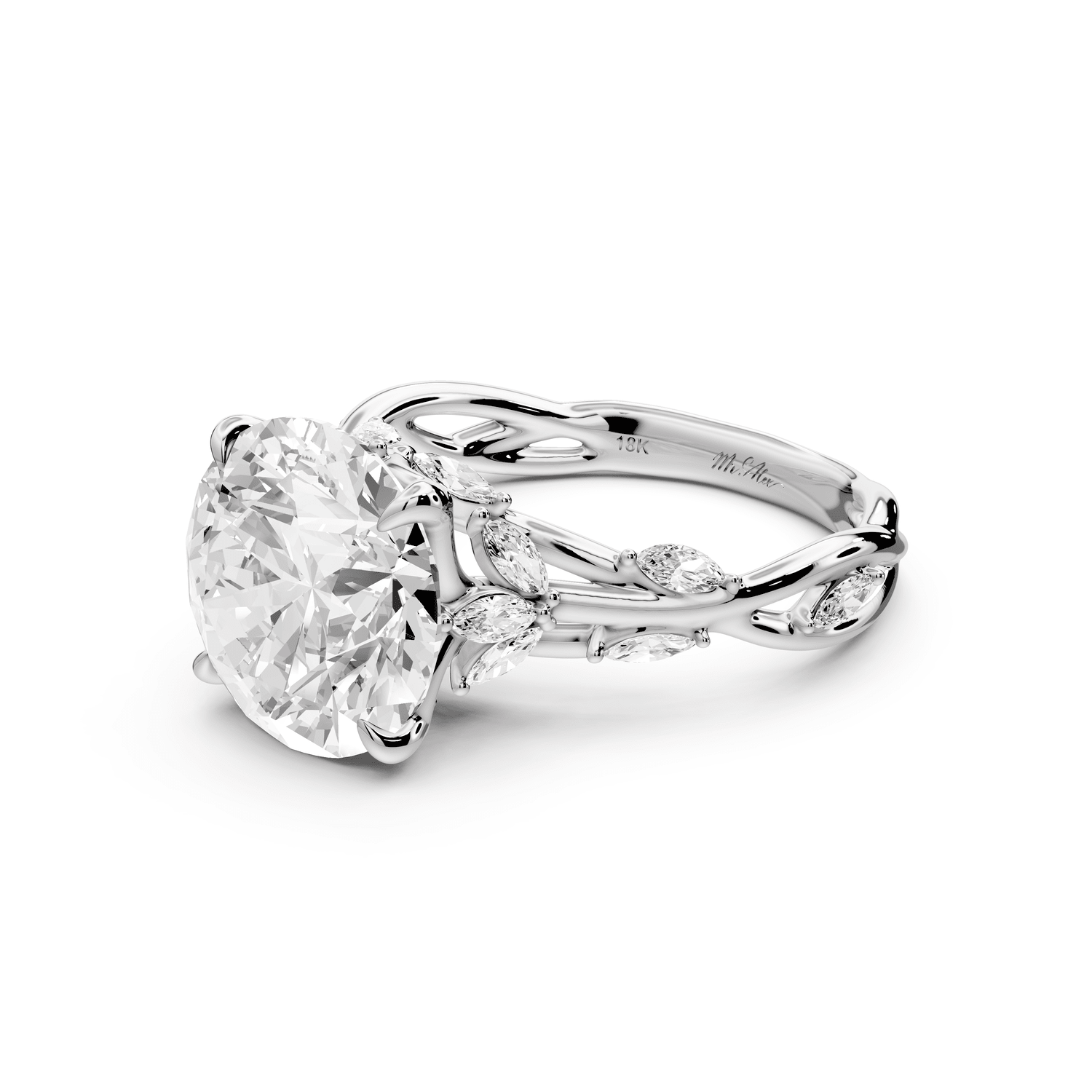Sarah - 4ct 18k white gold Round Nature-Inspired Engagement Ring with Sculpted Vine and Leaf Side Stones - Mr. Alex Jewelry