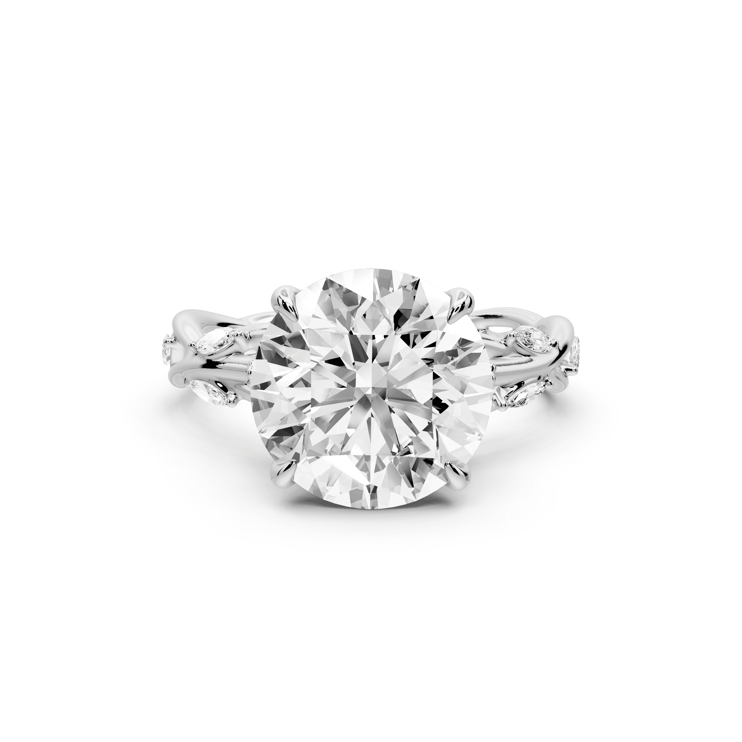 Sarah - 4ct 18k white gold Round Nature-Inspired Engagement Ring with Sculpted Vine and Leaf Side Stones - Mr. Alex Jewelry