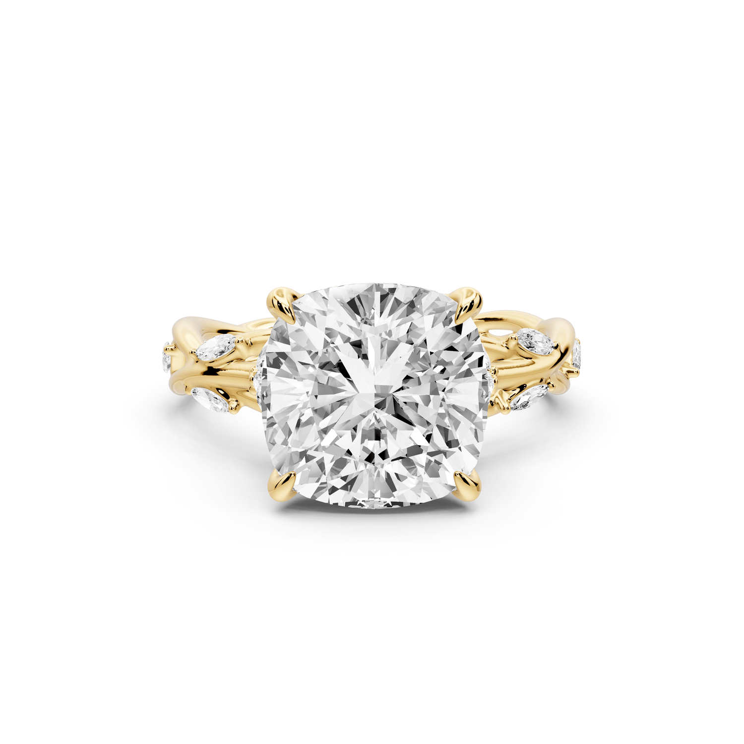 Sarah - 4ct 18k yellow gold Cushion Nature-Inspired Engagement Ring with Sculpted Vine and Leaf Side Stones - Mr. Alex Jewelry