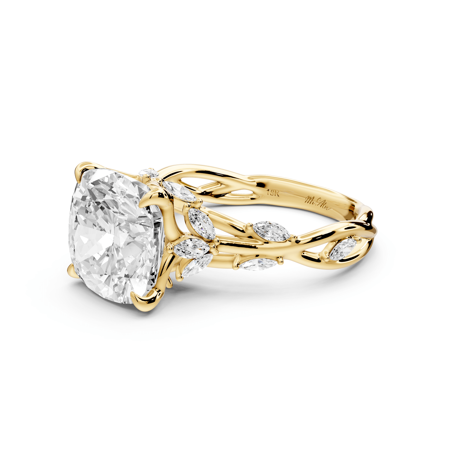 Sarah - 4ct 18k yellow gold Cushion Nature-Inspired Engagement Ring with Sculpted Vine and Leaf Side Stones - Mr. Alex Jewelry