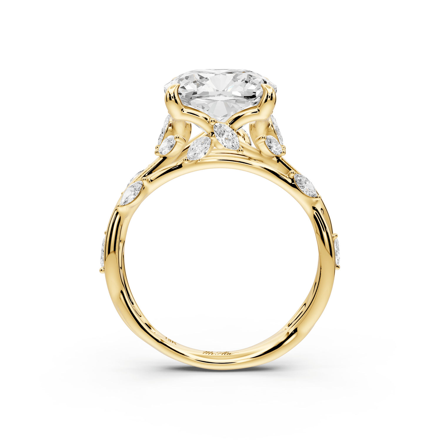 Sarah - 4ct 18k yellow gold Cushion Nature-Inspired Engagement Ring with Sculpted Vine and Leaf Side Stones - Mr. Alex Jewelry