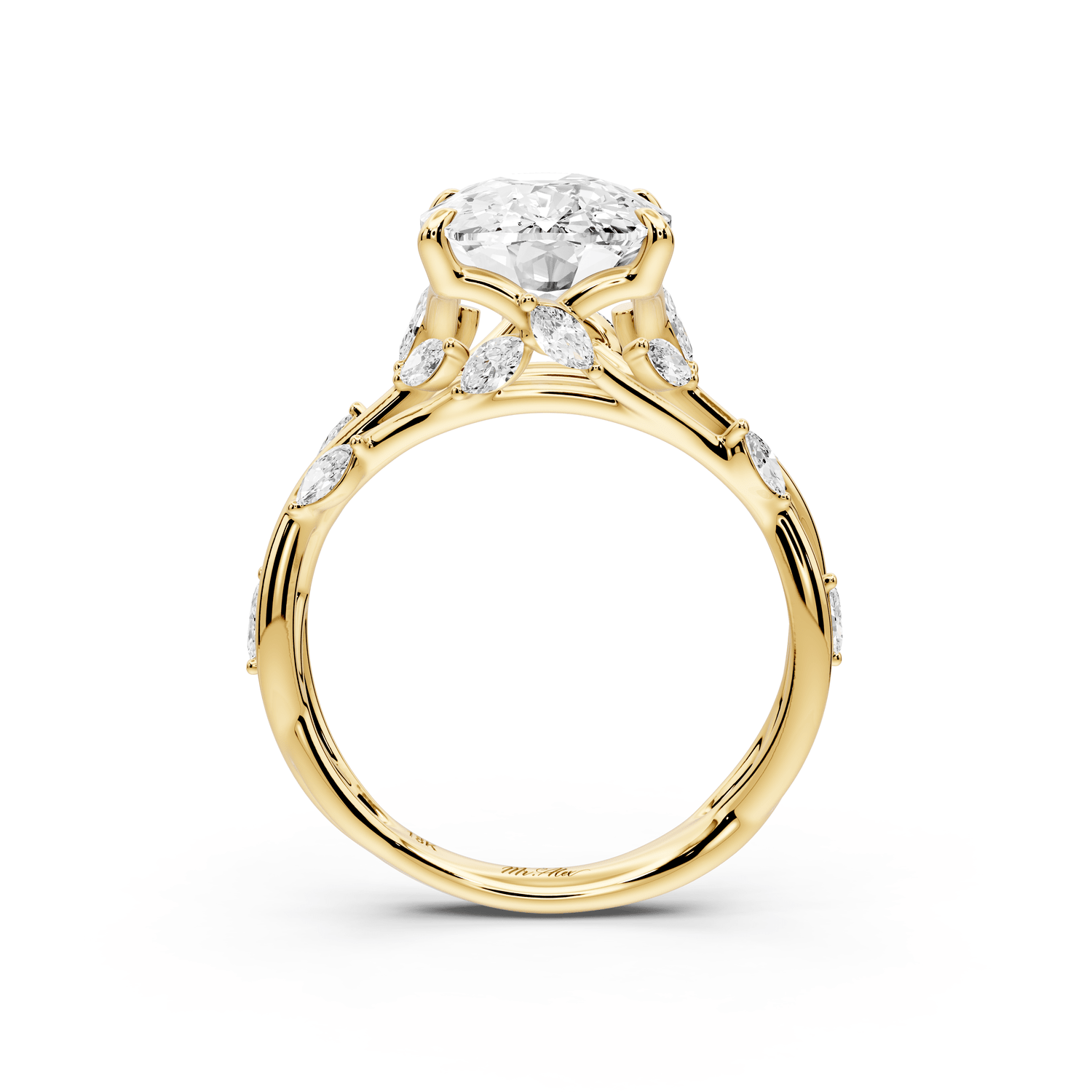 Sarah - 4ct 18k yellow gold Ecushion Nature-Inspired Engagement Ring with Sculpted Vine and Leaf Side Stones - Mr. Alex Jewelry